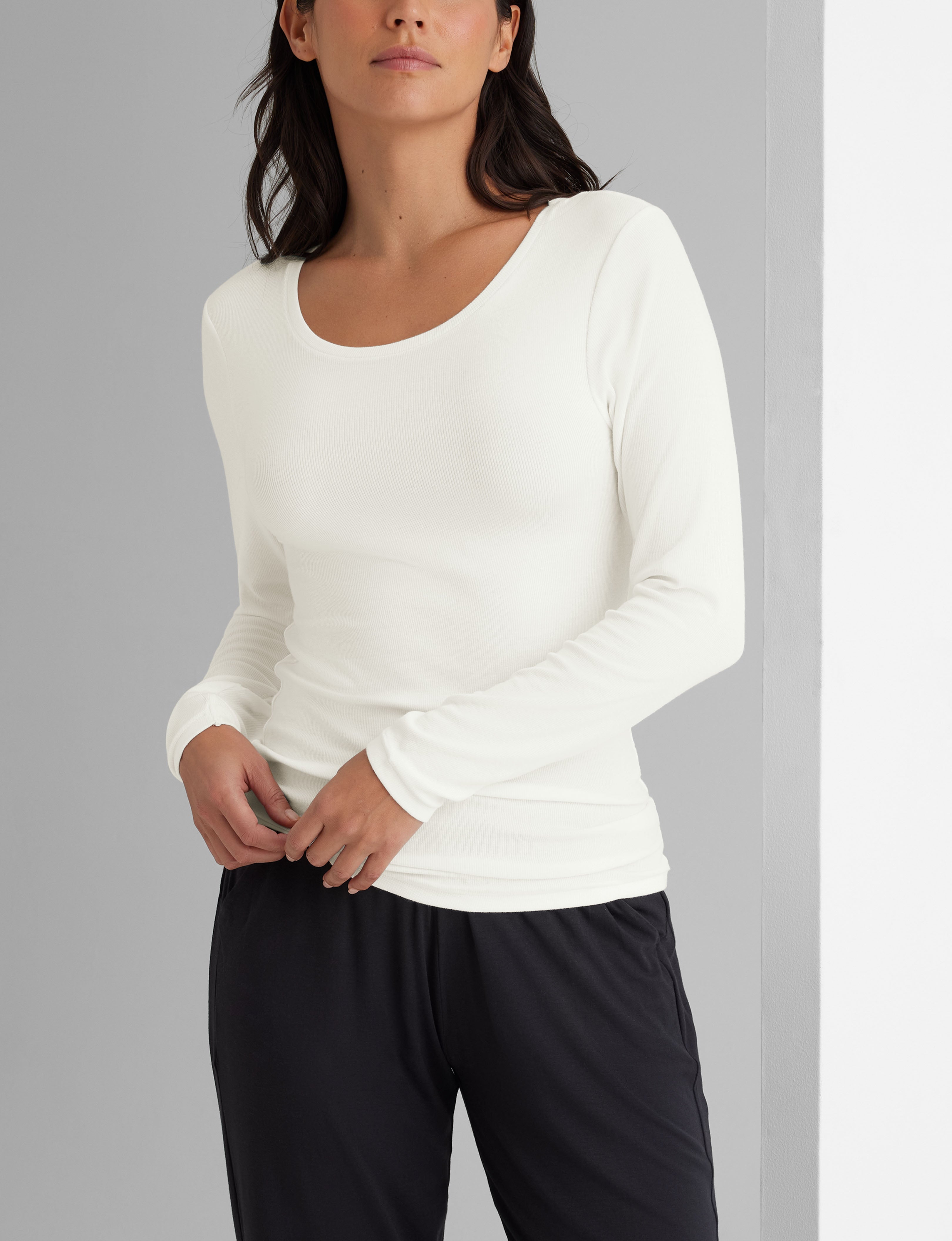 Women's Stretchy Micro Rib Long Sleeve T-Shirt - Soft Comfort Fit Casual Top for Layering, Workouts & Everyday Wear
