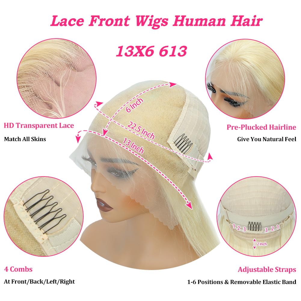 24 Inch 613 Blonde 13x6 HD Lace Front Wig Human Hair Straight 200 Density Pre Plucked With Baby Hair | Natural Looking Lace Frontal Wigs for Daily Wear, Cosplay, Parties & Special Occasions