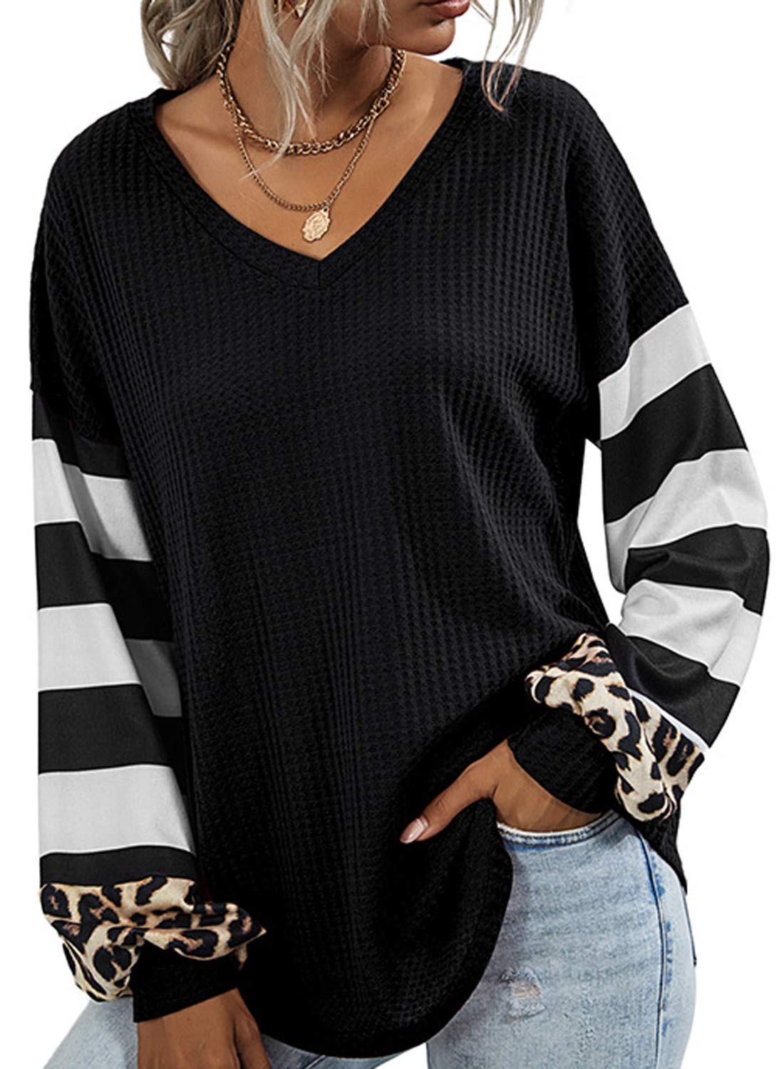 Futurino Women's Waffle Knit Long Sleeve T-Shirt - Oversized Sweatshirt Blouse Tunic Top for Casual Wear, Loungewear & Layering