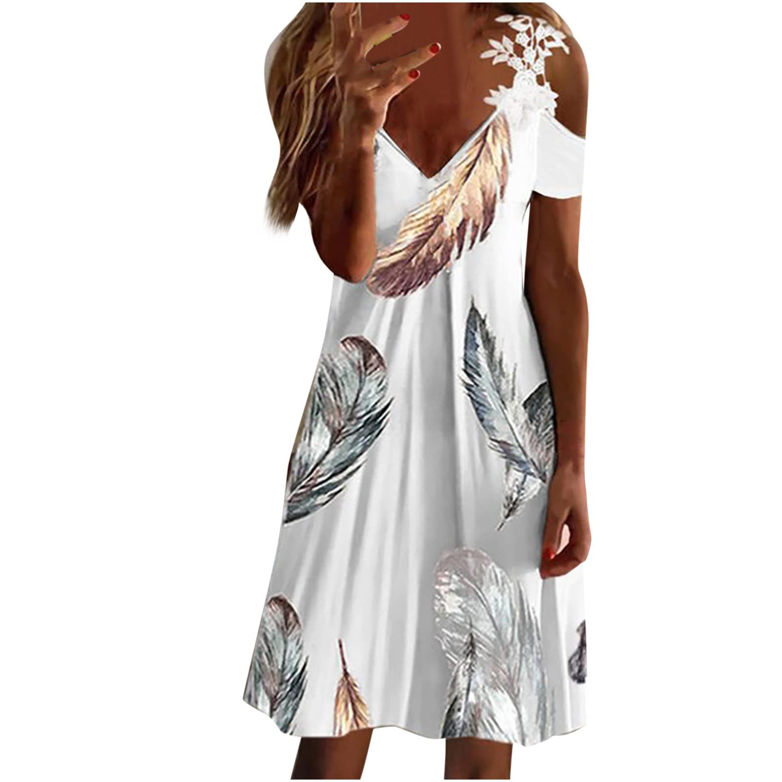Sexy Women's Feather Cold Shoulder Midi Dress with Lace Straps & V-Neck - Floral Printed Summer Sundress for Date Night, Beach Vacation & Party Wear