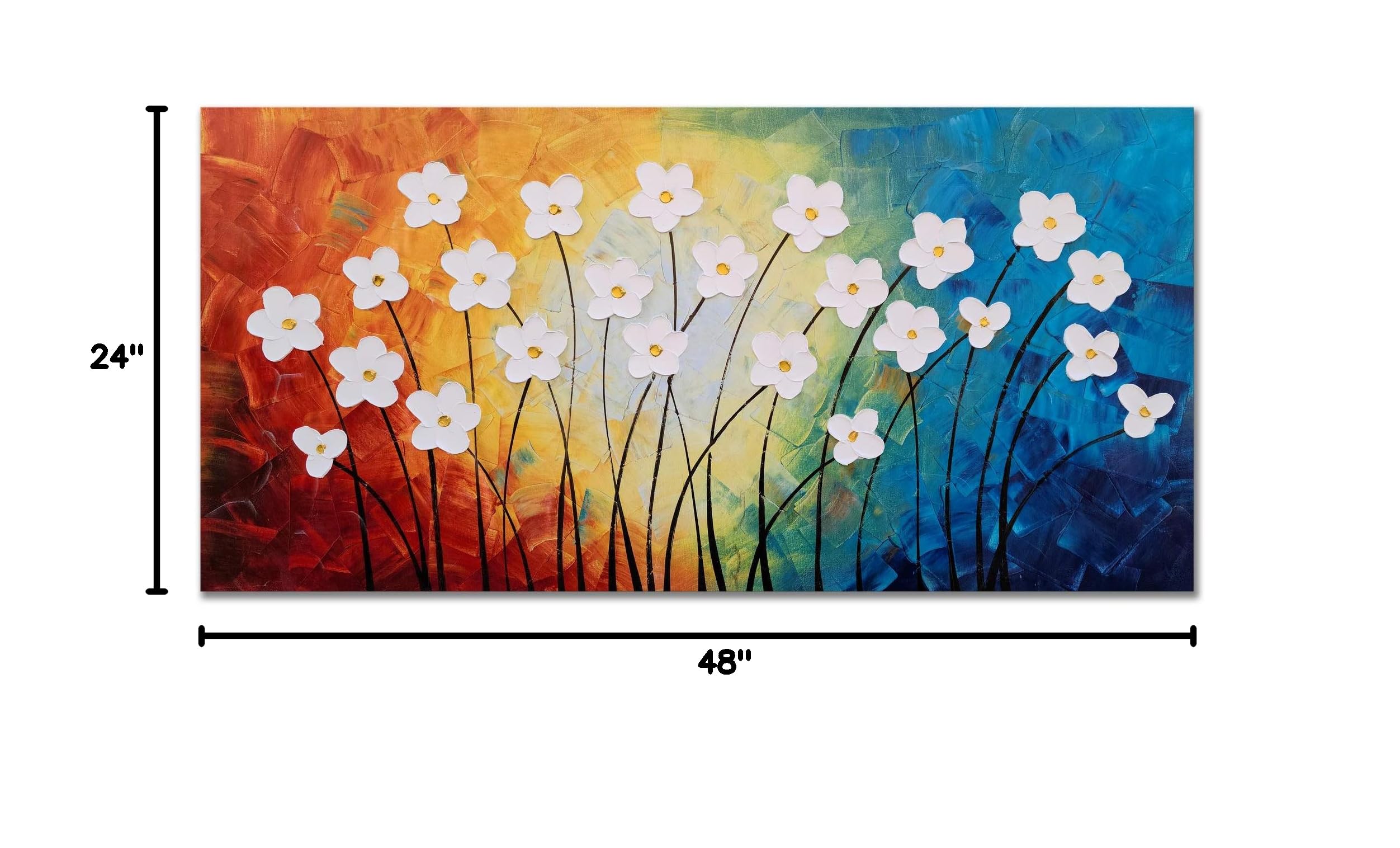 Hand Painted 3D Canvas Oil Painting - Modern Large Floral Wall Art in Light Blue, Yellow, Red & White | Yihui Arts Home Decor for Living Room, Bedroom, Nursery | Perfect for Housewarming Gifts & Interior Design