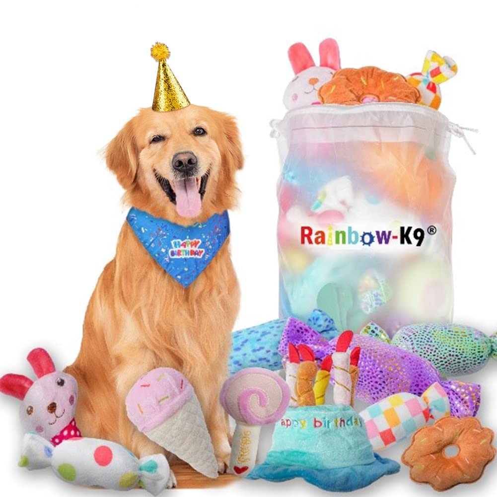 Rainbow-K9 Dog Birthday Party Supplies Set - Squeaky Cake Toys, Birthday Hat, Bandana, Banner & Balloons for Pet Celebration Decor | Perfect for Puppy Birthday Parties & Dog-Themed Events