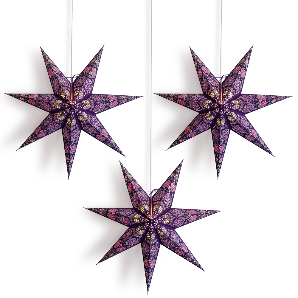 3 Pack 24 Inch Purple Winds 7 Point Paper Star Lantern with LED Bulbs & Cord - Decorative Hanging Party Lights for Bedroom, Wedding, Christmas & Outdoor Decor