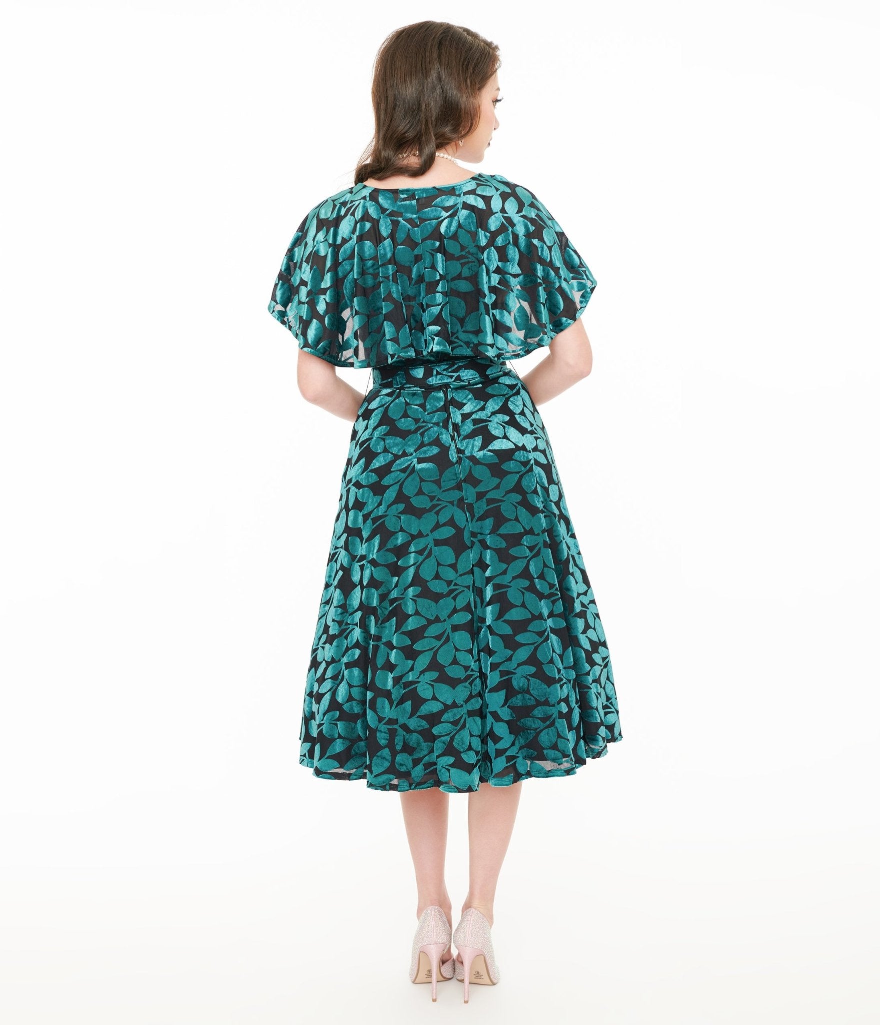 Vintage 1950s Teal & Black Velvet Burnout Capelet Swing Dress - Retro 50s Style Cocktail Party Dress for Women, Perfect for Evening Events, Halloween Costume & Vintage Fashion Lovers