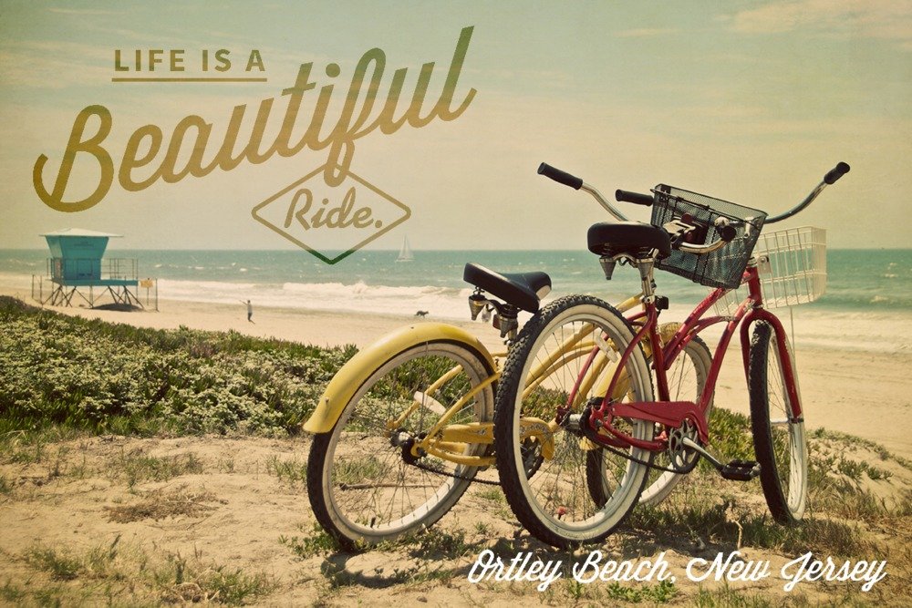Ortley Beach New Jersey Metal Wall Art - 16x24 Gallery Quality Aluminum Decor with 'Life is a Beautiful Ride' Beach Cruiser Design - Perfect for Coastal Home Decor, Beach House, or Office Wall Art
