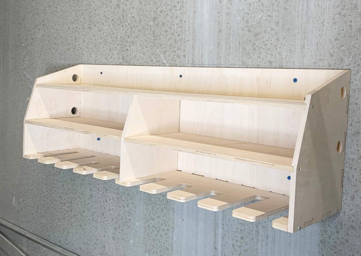10-Slot Cordless Drill Tool Holder Organizer - Birch Plywood Storage Rack & Wall Mount Shelf for Workshop, Garage, and DIY Projects