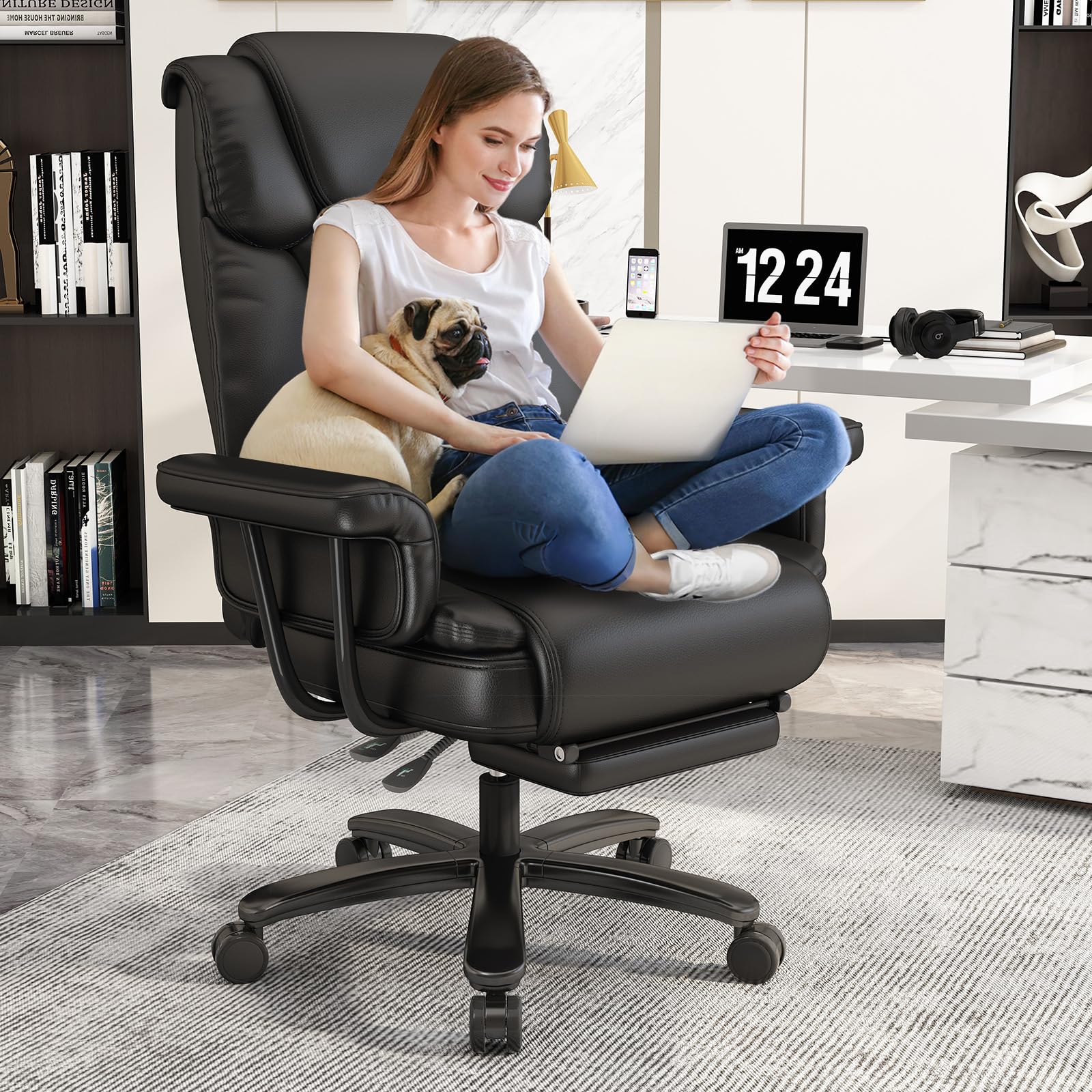 GYI Big and Tall Office Chair 400LBS Capacity - 160° Reclining High Back Executive Chair with Wide Seat, Adjustable Arms & Footrest - Black - Perfect for Home Office, Gaming & Workspaces
