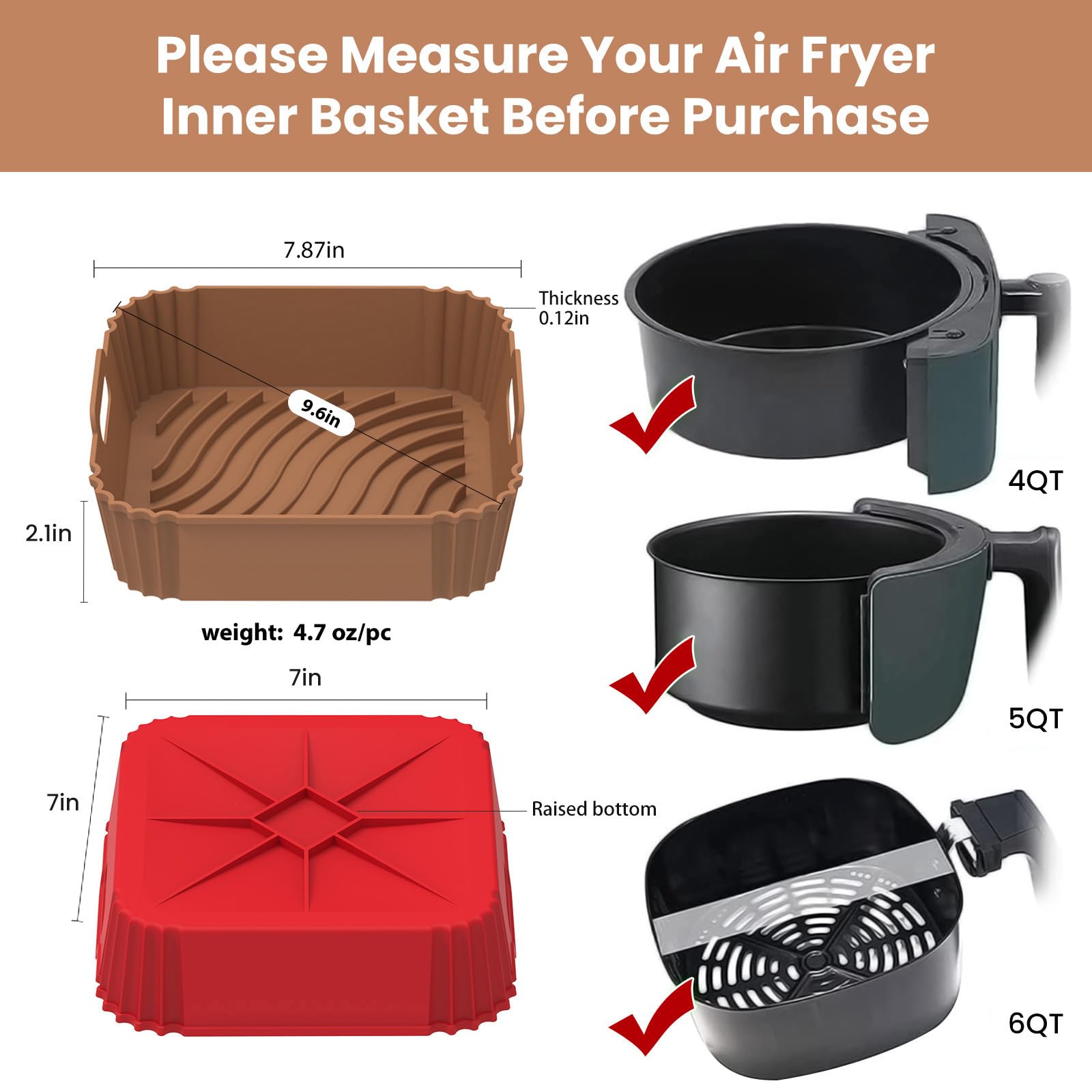 Non-Stick Silicone Air Fryer Basket Liners 7 Inch (3 Pack) - Reusable Square Liners for 4-6 QT Air Fryers, Safe Parchment Paper Replacement - Perfect for Baking, Roasting & Frying Accessories - Ideal for Healthy Cooking & Meal Prep
