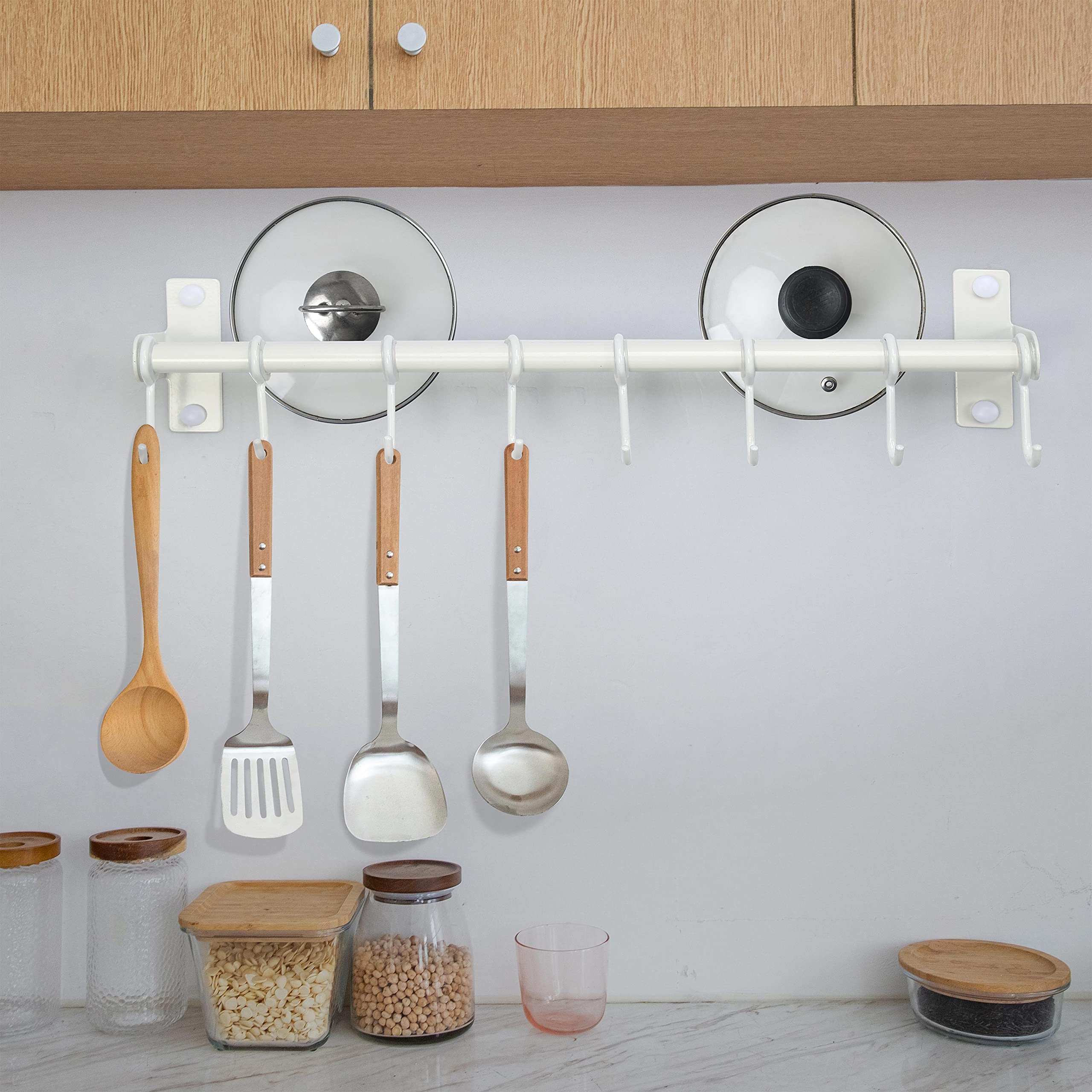 Dseap Wall Mounted Pot and Pan Hanging Rack - Double Bar Kitchen Organizer with 8 Hooks, White - Perfect for Small Kitchens, RVs, and Apartments to Save Space