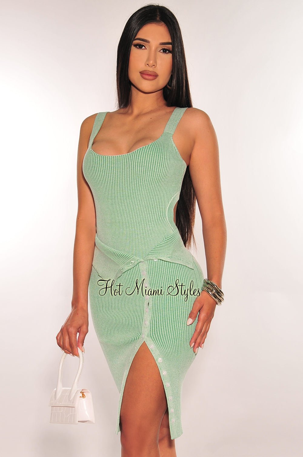 Dusty Sage Ribbed Cut Out Bodysuit & Button Up Skirt 2-Piece Set | Women's Fashion Outfit for Casual Wear, Date Night & Layered Looks