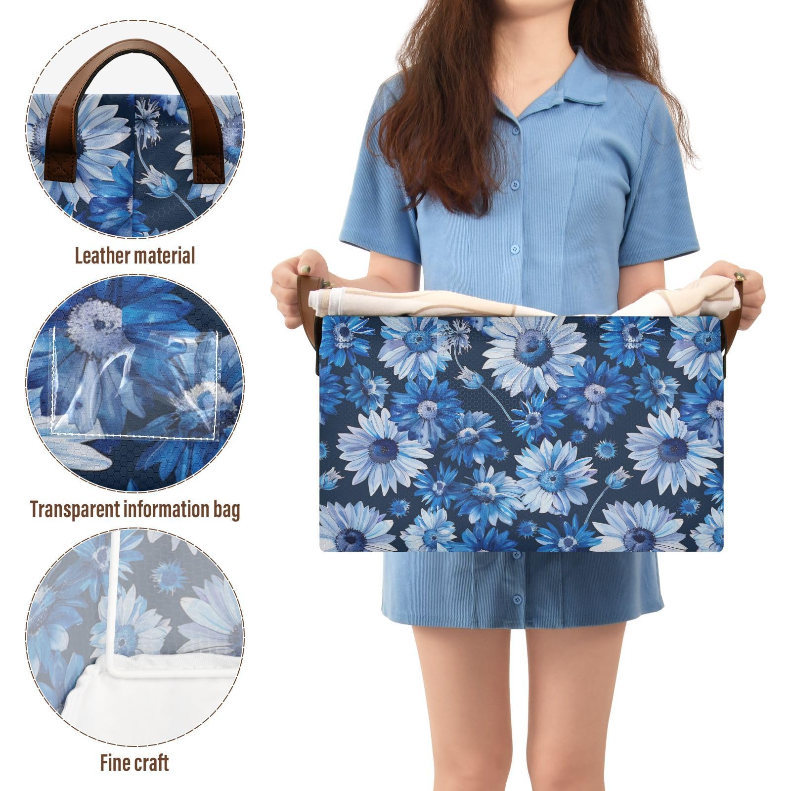 Handmade Daisy Flower Blue Storage Basket with Handles - Decorative Organizer Bin for Clothes, Jeans, Books | Perfect for Home, Office & Closet Organization | Ideal for Bedroom, Nursery & Laundry Room Storage