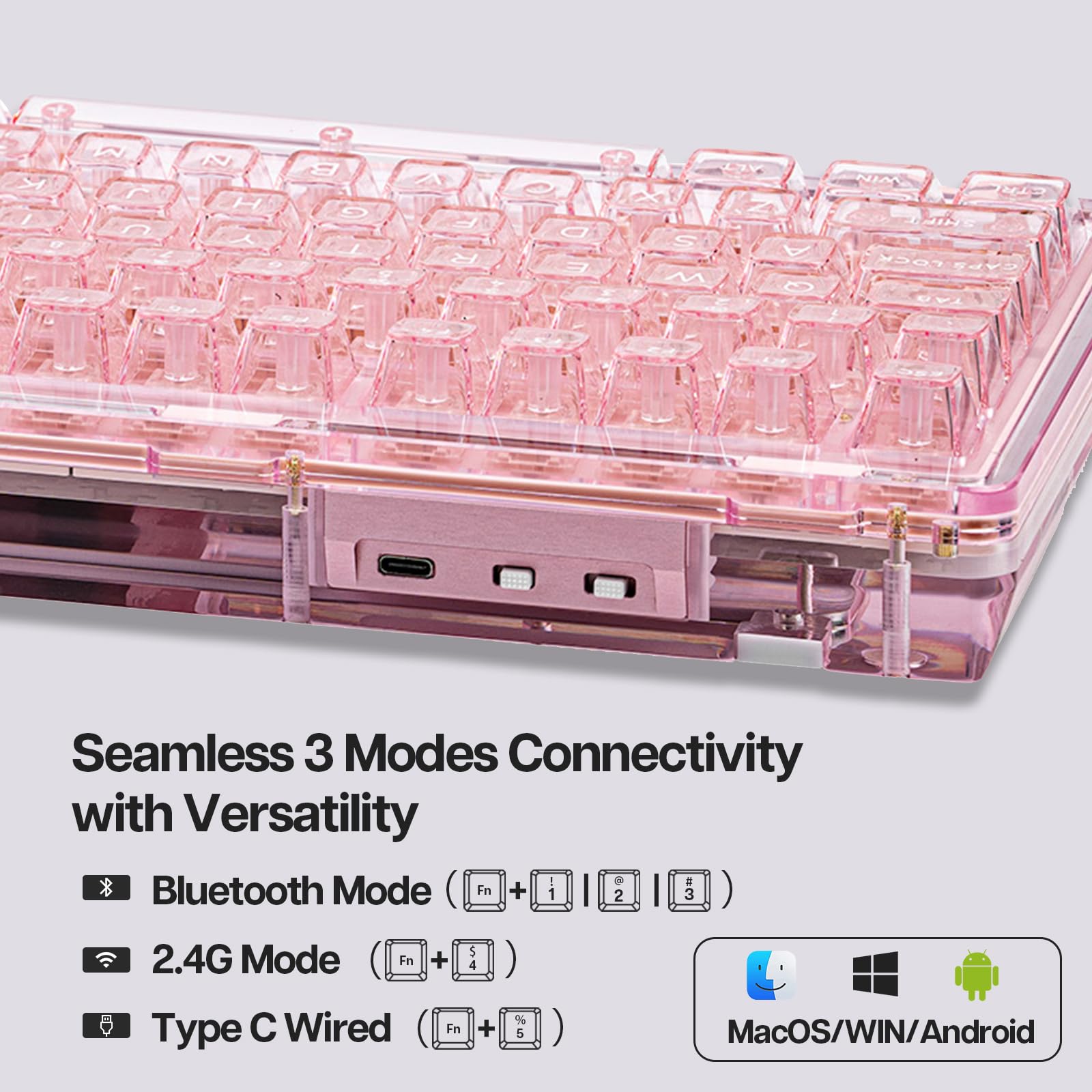KiiBoom Phantom 81 V2 75% Hot Swappable Crystal Gasket-Mounted Mechanical Keyboard - Triple Mode NKRO Gaming Keyboard with South-Facing RGB, Clear Keycaps, 4000mAh Battery for Windows/Mac (Pink) | Perfect for Gaming, Typing & Office Work