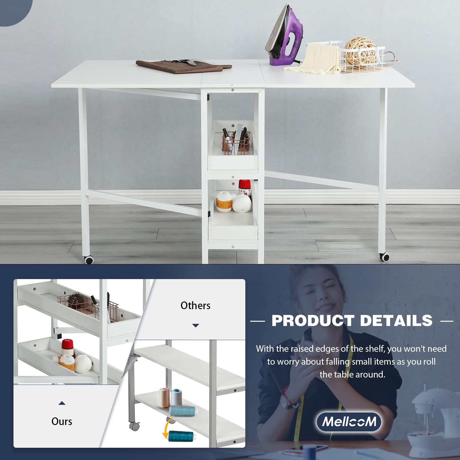 MELLCOM Mobile Folding Craft Table with Storage Shelves - 35.5in Height Adjustable Sewing Table for Fabric Cutting, DIY Projects & Home Office - Perfect for Sewing Rooms, Craft Rooms & Small Spaces