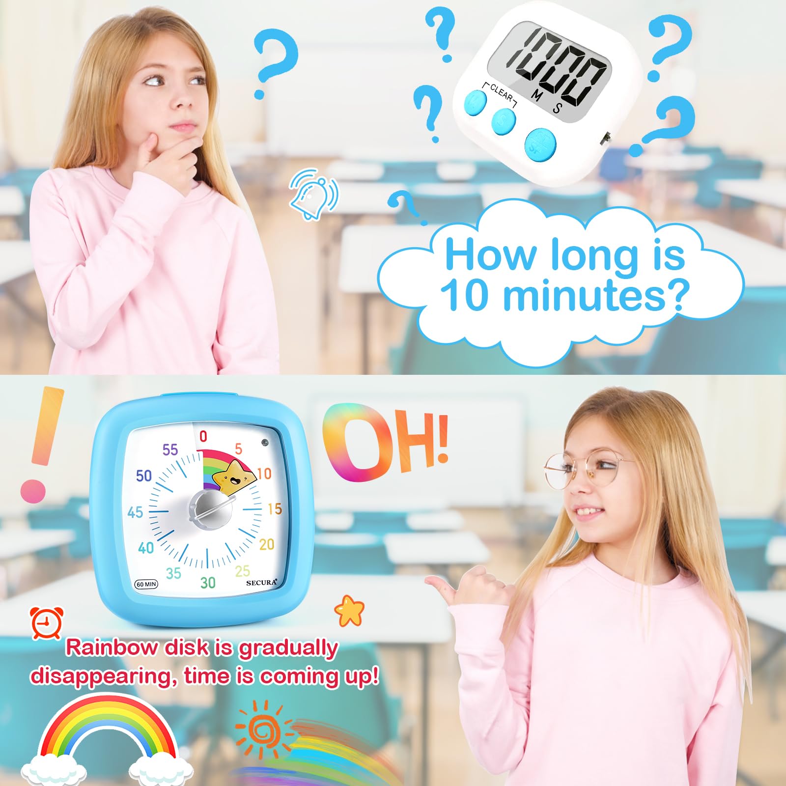 Secura 60-Minute Visual Timer - Silent Countdown Clock for Kids & Adults | Time Management Tool for Studying, Teaching & Productivity (Blue & Star Design) | Perfect for Classrooms, Home Office & ADHD Focus Aid