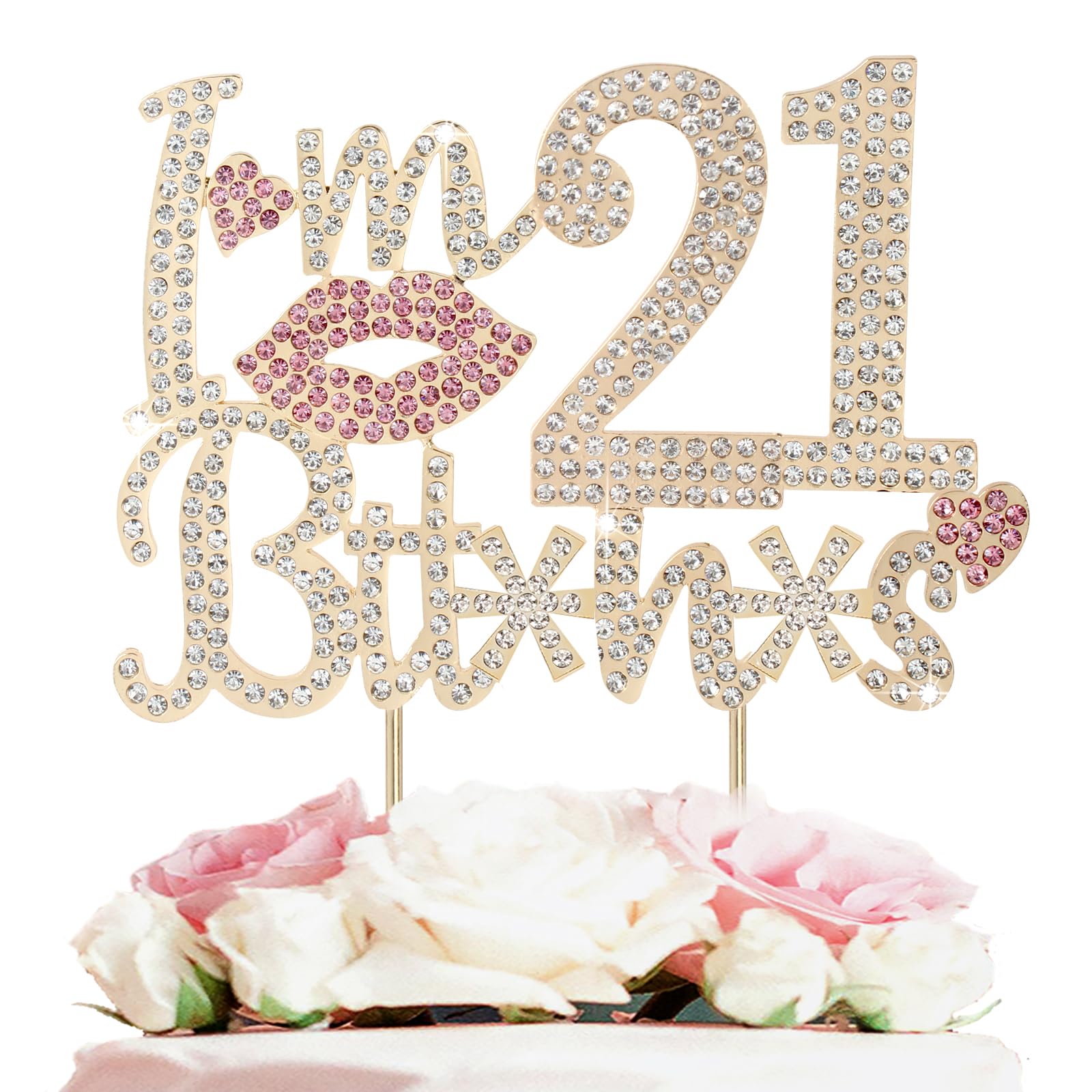 21st Birthday Cake Topper - Gold & Pink Rhinestone Happy 21st Bday Party Decorations, Cheers to 21 Years Metal Sign for Sparkly Centerpiece | Perfect for Birthday Cakes, Cupcakes, Dessert Tables & Milestone Celebrations