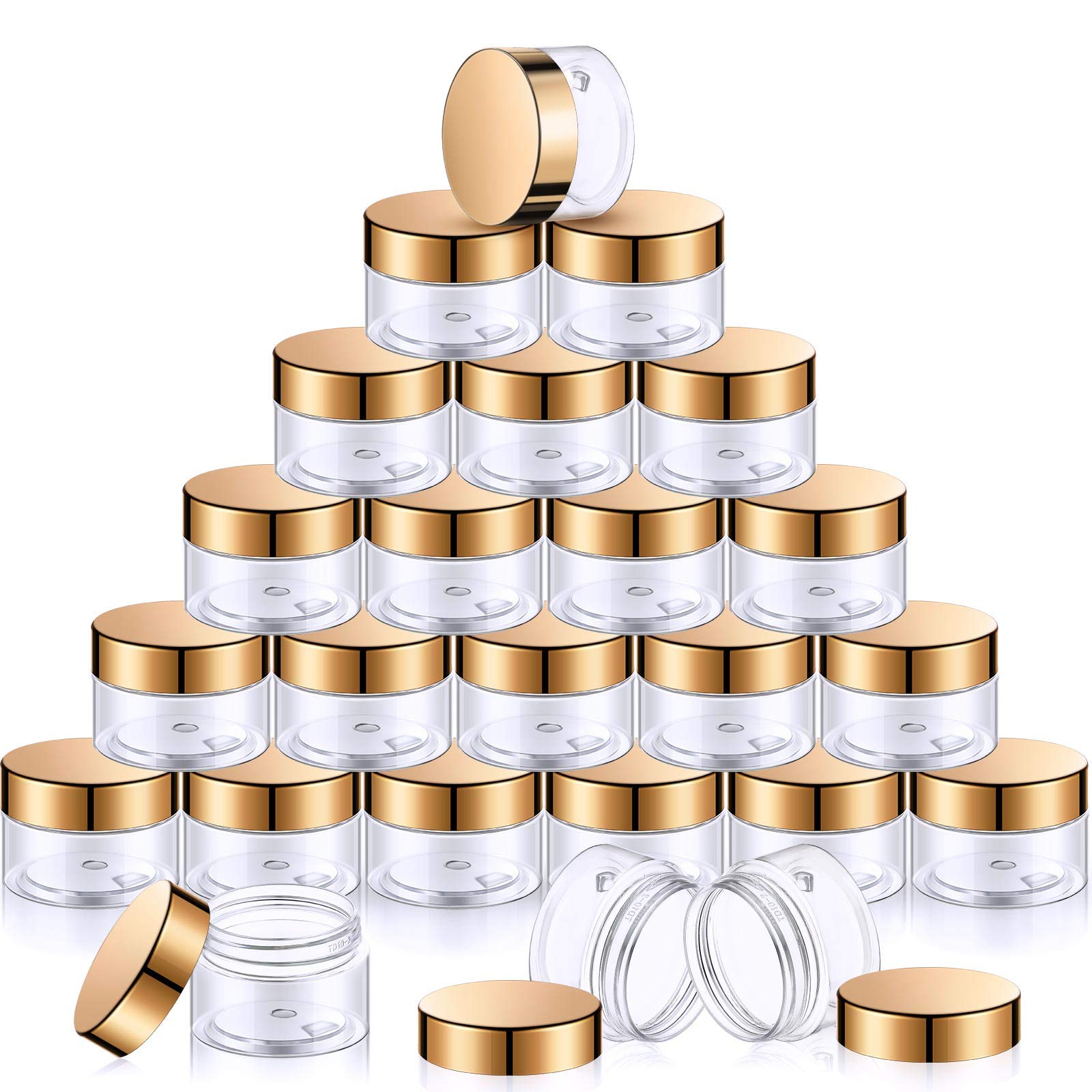 SATINIOR 24-Piece Clear Plastic Jars with Gold Lids - 1 oz Round Wide-Mouth Storage Containers for Cosmetics, Creams, Lotions, DIY Crafts & Food | Perfect for Home Organization, Travel & Small Business Packaging