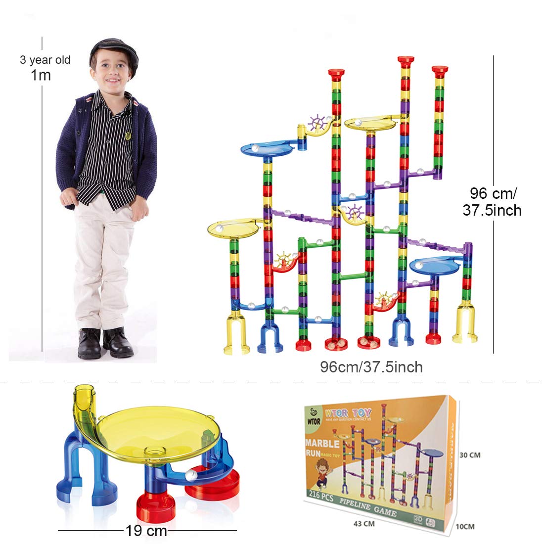 WTOR Toys 216Pcs Marble Run Super Set - STEM Educational Building Blocks for Kids, Marble Maze Game for Boys & Girls Ages 5-12 - Creative Learning Toy Gift for Birthday & Christmas - Perfect for Indoor Play, Classroom Activities & Family Fun