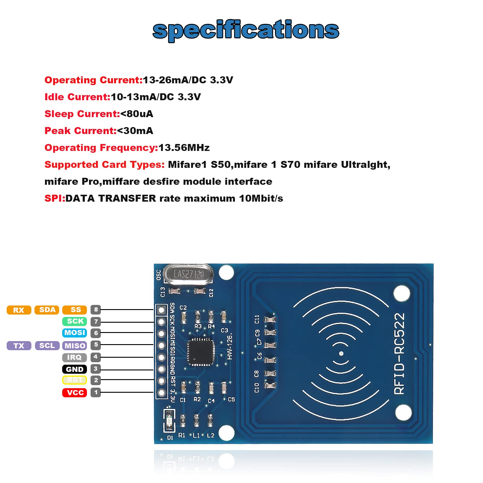 5PCS RFID Kit - Mifare RC522 Reader Module with S50 White Card & Key Ring for Access Control, Security Systems & DIY Projects