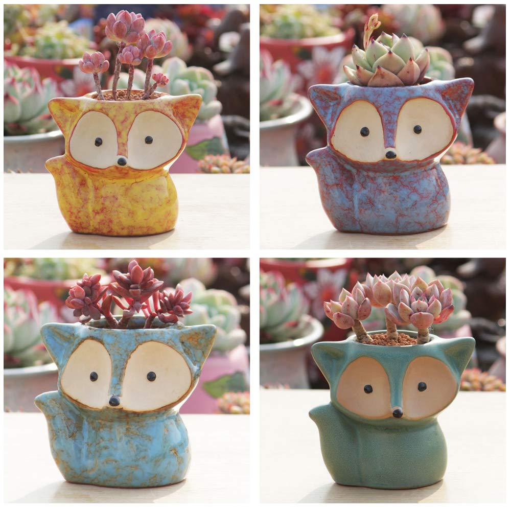 4 Pack Fox Shaped Ceramic Succulent Pots with Drainage Holes - Cute Cactus & Flower Planters for Home, Office Desk Decor | Perfect for Indoor Plants, Succulents, Small Herbs & Gift Ideas