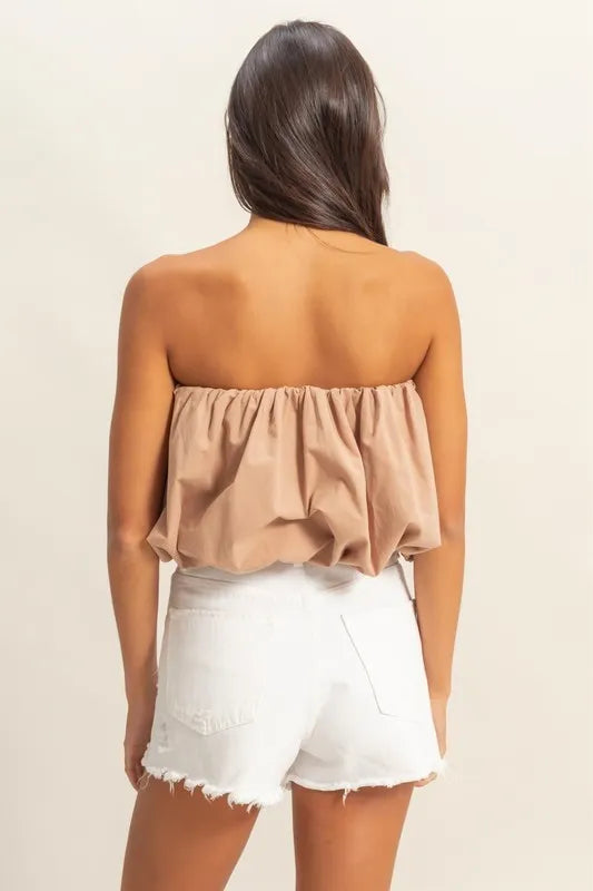 Trendy Beige Strapless Bubble Top for Women - Chic Summer Outfit for Beach, Party & Casual Wear