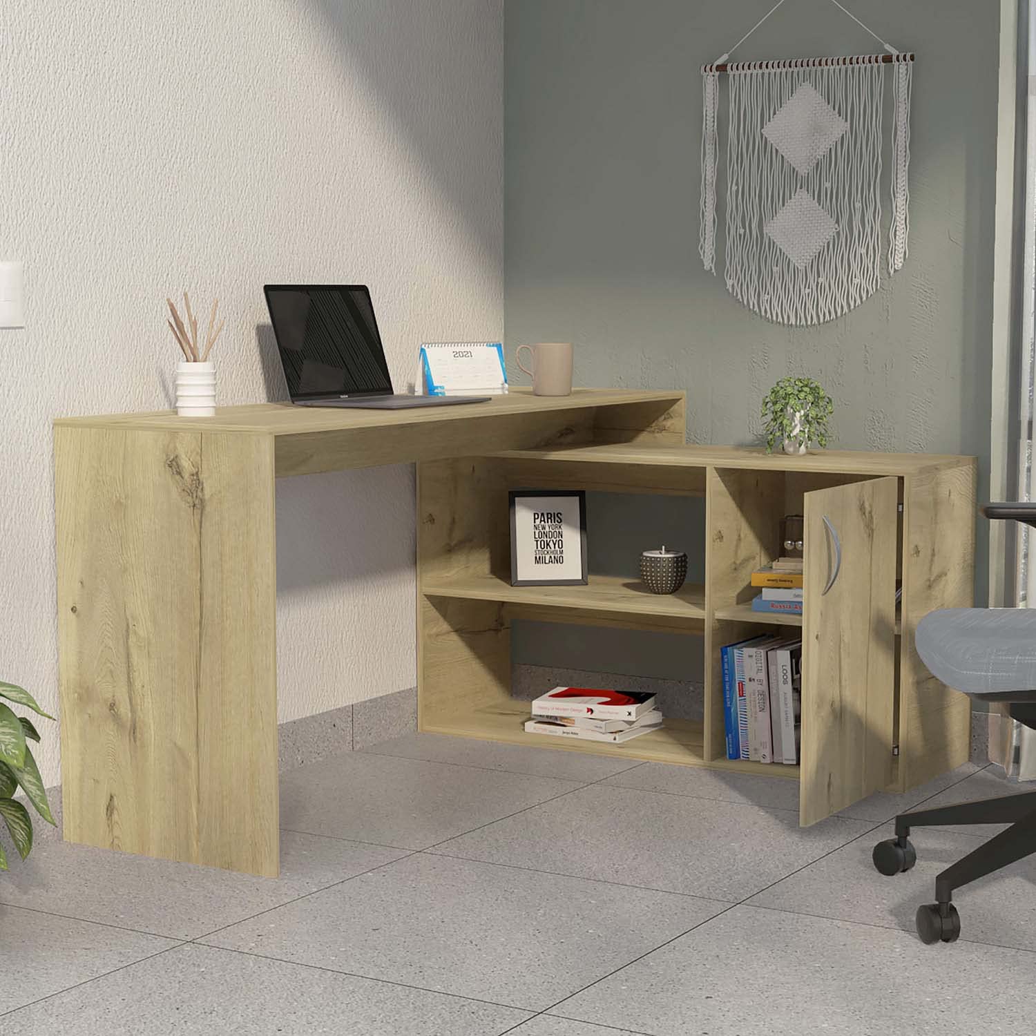 L-Shaped Home Office Desk with 2 Shelves & Drawer - Light Oak Wooden Study Desk for Small Spaces, Gaming & Workstation Setup