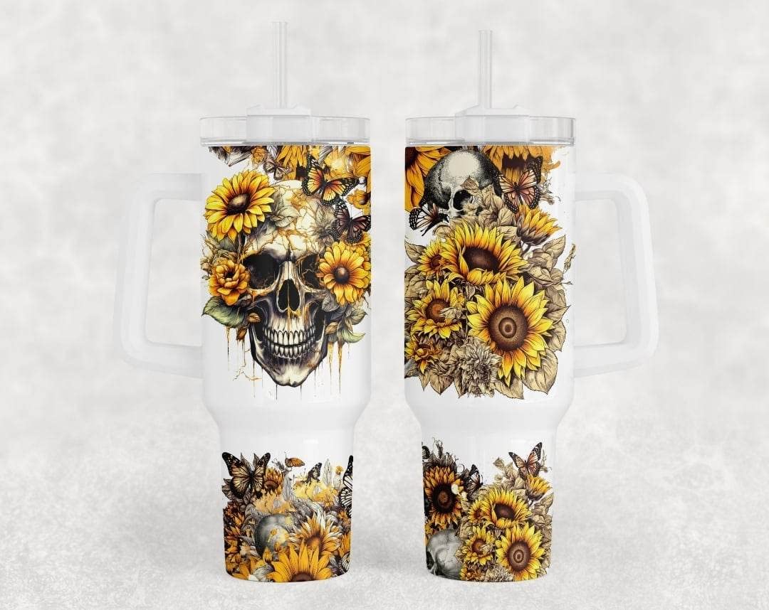 Gothic Sunflower Skulls & Butterfly Skeleton 40oz Sublimated Tumbler with Handle & Straw Lid - Perfect for Halloween, Gothic Parties & Dark Aesthetic Lovers