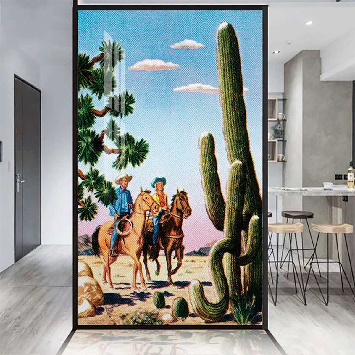 Frosted Glass Window Privacy Film - Static Cling Non-Adhesive Window Covering for Home & Office - UV Protection & Heat Control - Cowboys in The Desert Blue Green Design (17.7