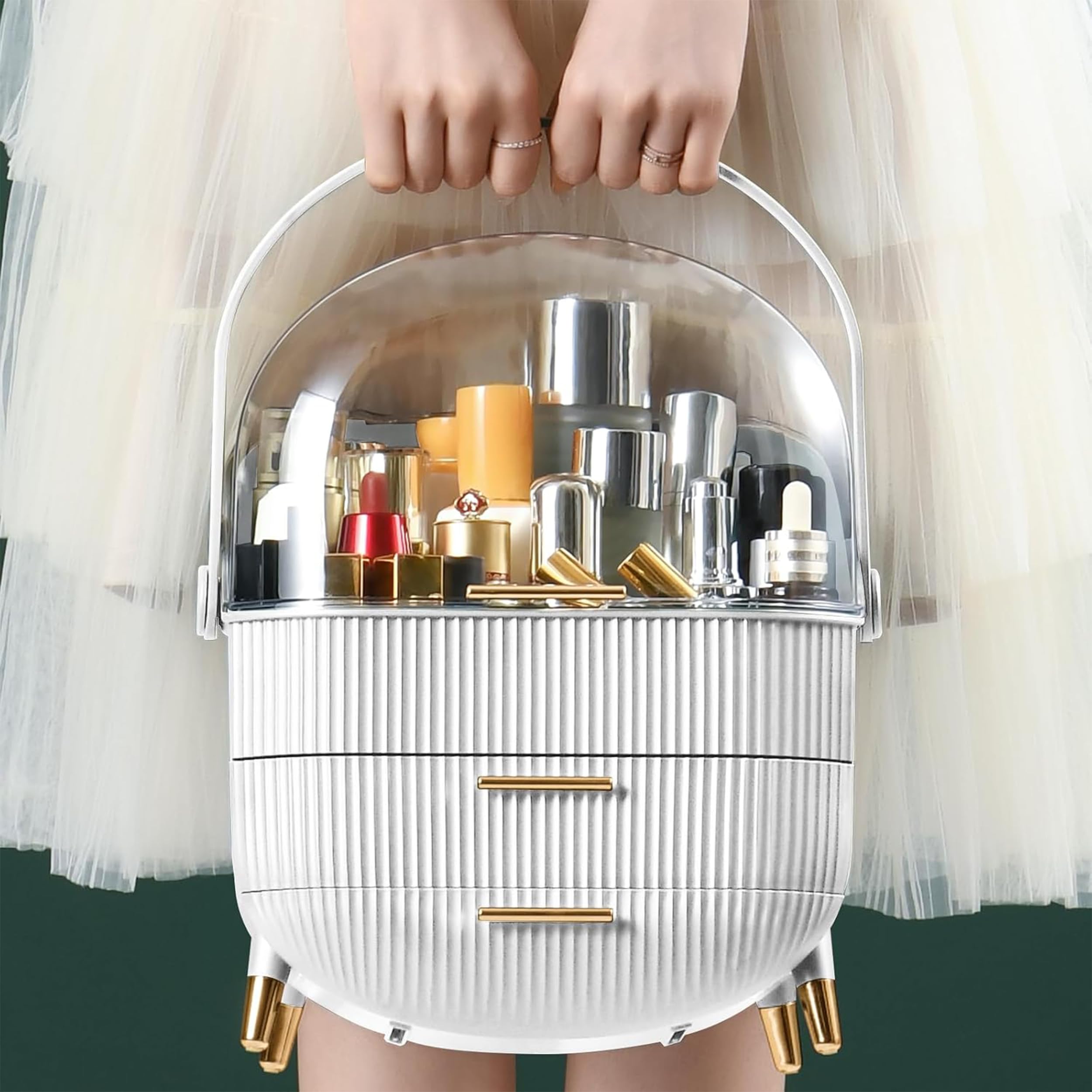 Onomie Makeup Organizer with Lid & Drawers - Vanity Cosmetic Storage Case for Skincare & Beauty Products - Countertop, Bathroom, Dresser Display (White T1) - Perfect for Daily Beauty Routine & Travel Organization
