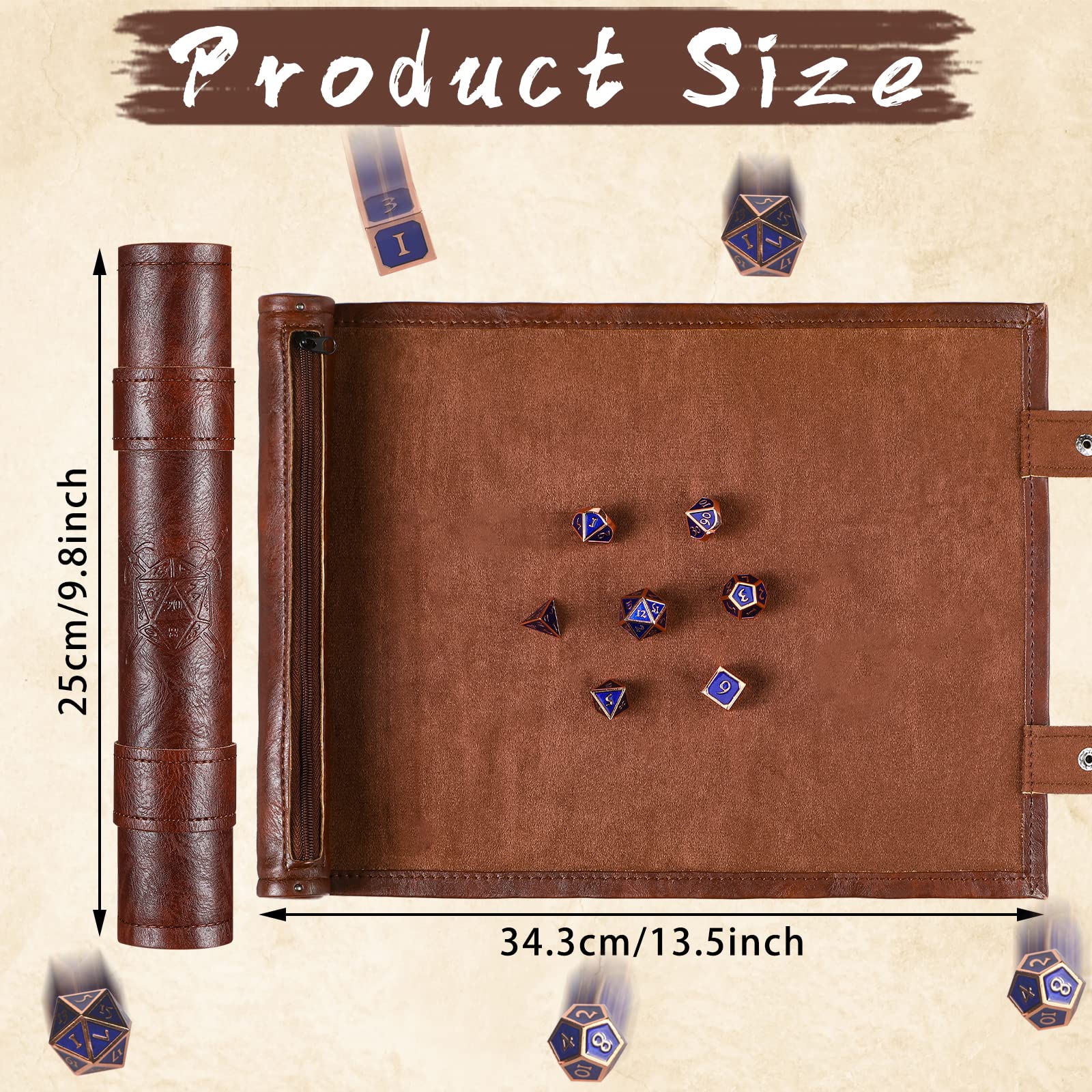 Premium PU Leather Dice Rolling Mat with Zipper & Folding Scroll Design - Portable Dice Tray & Storage Bag for Tabletop RPGs, Board Games, and Christmas Party Accessories (Brown, 1 Piece) - Perfect for D&D, MTG, Yahtzee & Game Nights