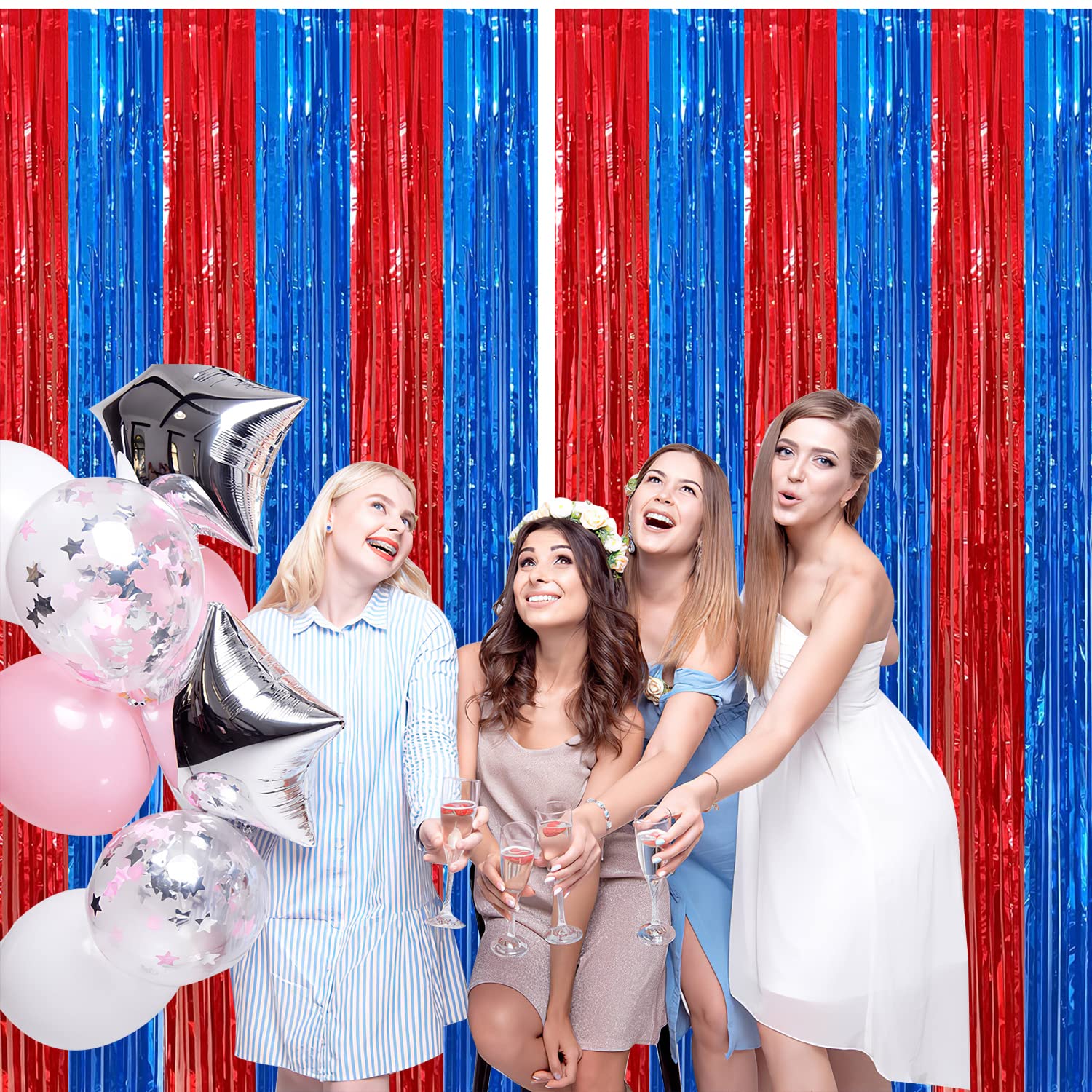2 Pack Red & Blue Foil Fringe Curtains - 3.3x6.6 ft Photo Booth Backdrop, Tinsel Streamers for Birthday, Wedding, Baby Shower, Graduation, Bachelorette Party Decorations | Perfect for DIY Photo Backdrops, Event Decor & Themed Party Supplies