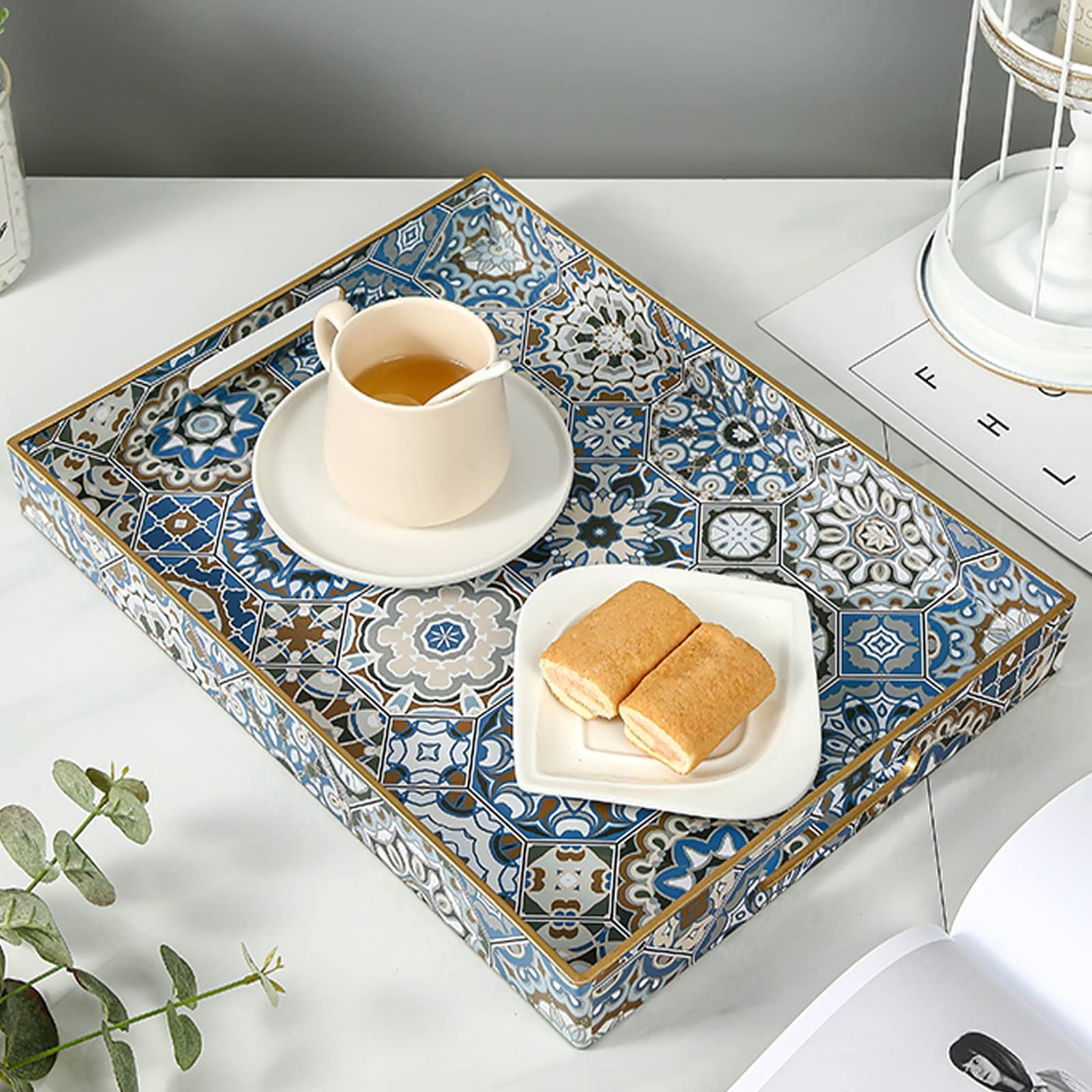 Boho Coffee Table Serving Tray with Handles - Large Decorative Ottoman Tray for Living Room, Bedroom & Office - Perfect for Entertaining, Snacks, Books & Home Decor