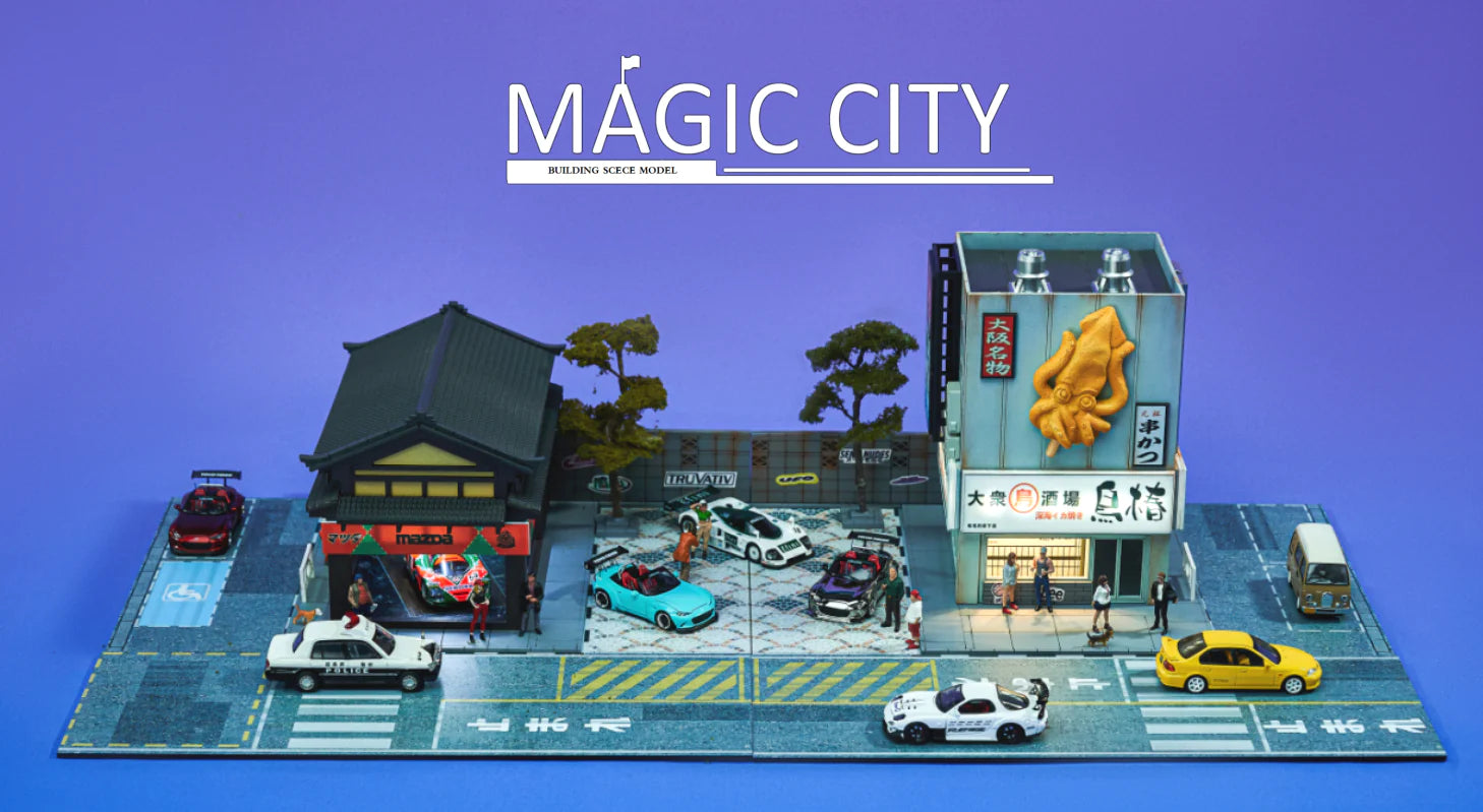 1:64 Scale Mazda Showroom & Japanese Squid Yaki Shop Model - Miniature Toy Car Collection for Display & Diorama Scenes - Perfect for Car Enthusiasts & Model Train Layouts