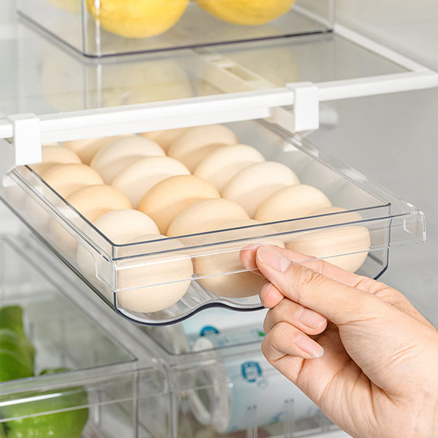 Refrigerator Egg Holder - Pull Out Egg Drawer with Snap-On Design, Fridge Storage Container for Eggs (Fits Shelves Under 0.6