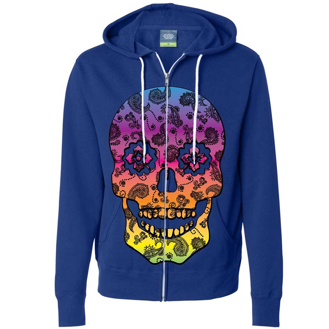 Stylish Neon Paisley Print Sugar Skull Zip-Up Hoodie for Men & Women | Gothic Streetwear Fashion | Perfect for Halloween, Concerts & Alternative Outfits