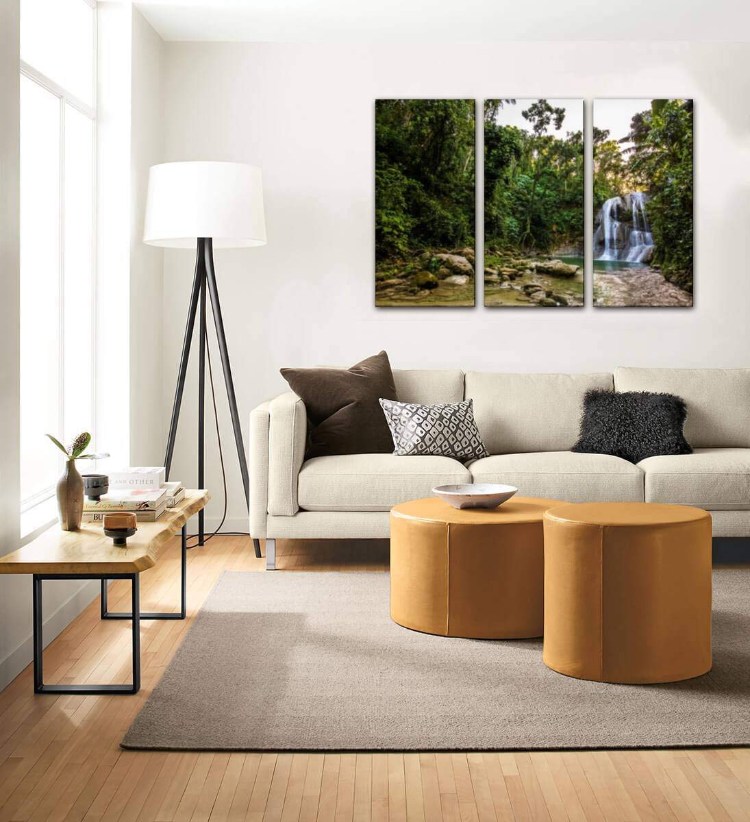 Stunning Gozalandia Waterfall in San Sebastian Puerto Rico Canvas Wall Art - 3 Panel Natural Landscape Paintings for Living Room & Bedroom Decor - Tropical Waterfall Poster for Home, Office & Vacation House Wall Decoration