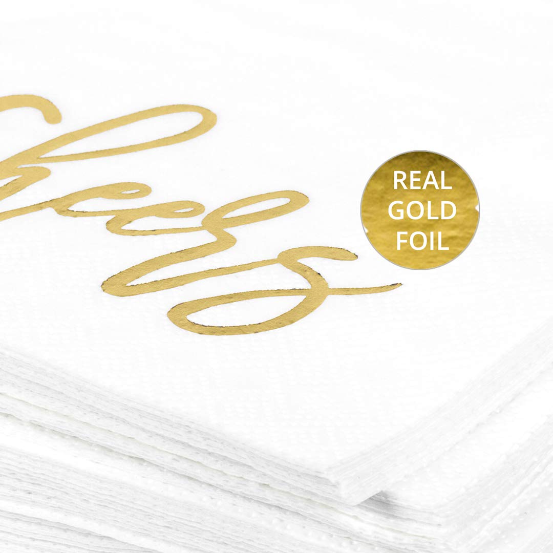 Andaz Press 5 Inch Funny Quotes Cheers Cocktail Napkins - Gold Foil Bulk 50-Pack 3-Ply Disposable Beverage Napkins for Parties, Weddings, Bridal Showers & Holidays (Birthday, Thanksgiving, Christmas, New Year's Eve) - Perfect for Bar Decor, Cocktail Hours & Celebratory Toasts