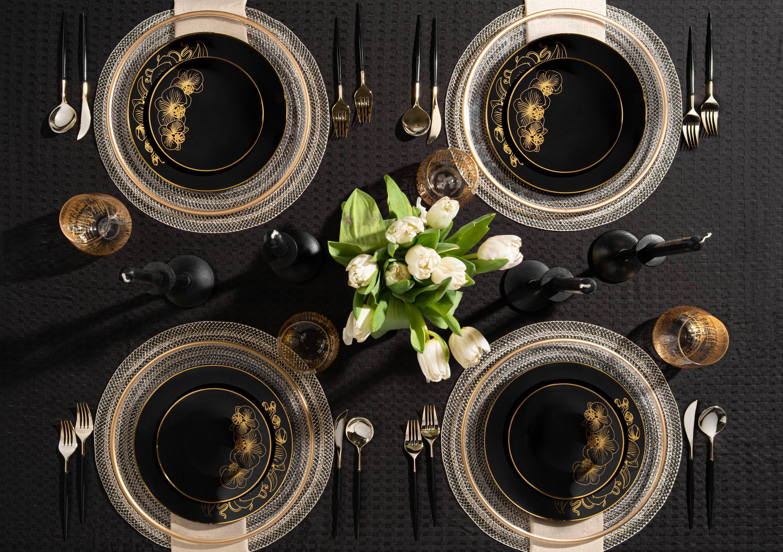 32-Piece Black and Gold Round Plastic Dinnerware Set - Elegant Disposable Plates, Bowls & Cutlery for 16 Guests - Perfect for Weddings, Parties, and Outdoor Events