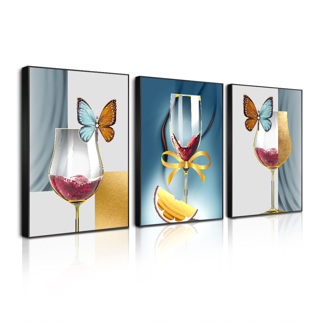 3-Piece Wine Glasses Canvas Wall Art Set with Wooden Frame - Elegant Kitchen & Dining Room Decor for Wine Lovers, Perfect for Home Bar, Restaurant, or Gift Giving