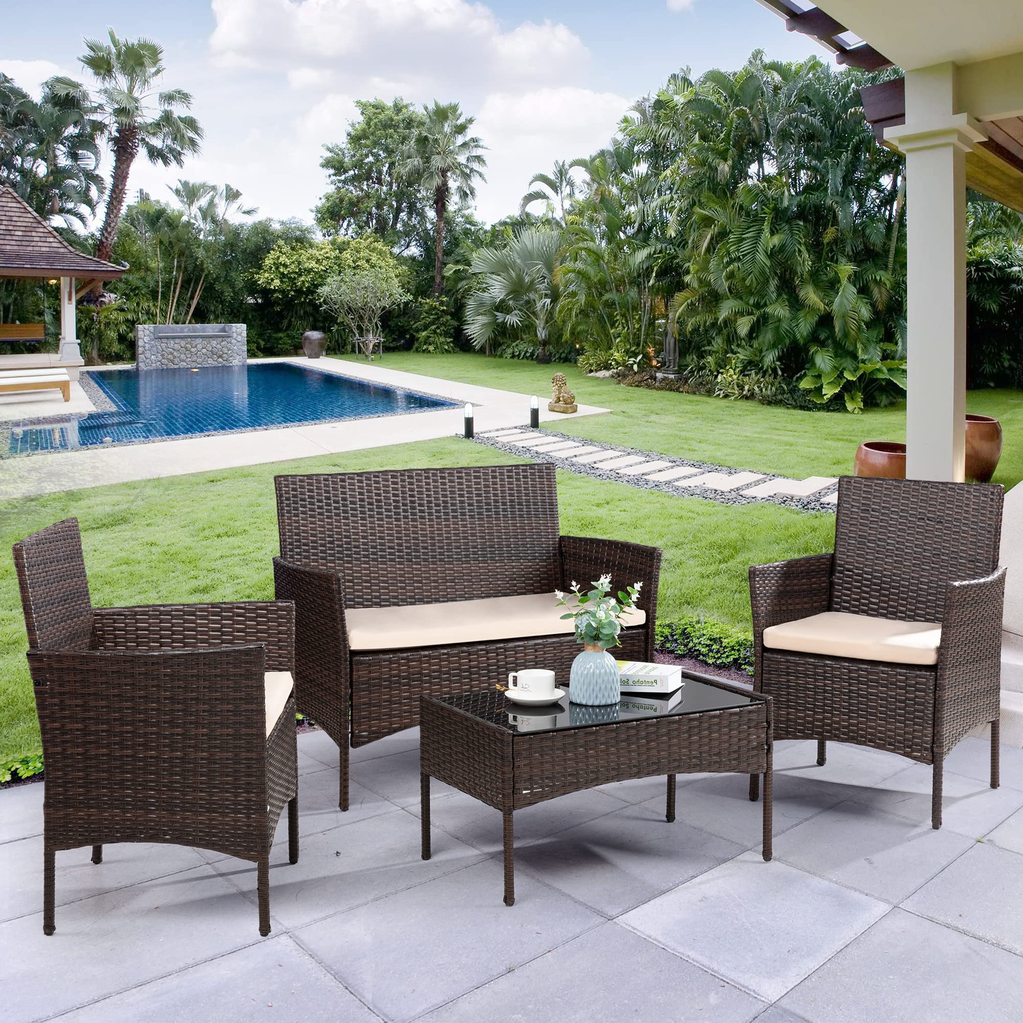 JAMFLY 4-Piece Brown Wicker Patio Furniture Set with Tempered Glass Coffee Table - Outdoor Rattan Conversation Set for Backyard, Porch, Garden, Poolside, Balcony - Perfect for Relaxing, Entertaining, and Lounging Outdoors