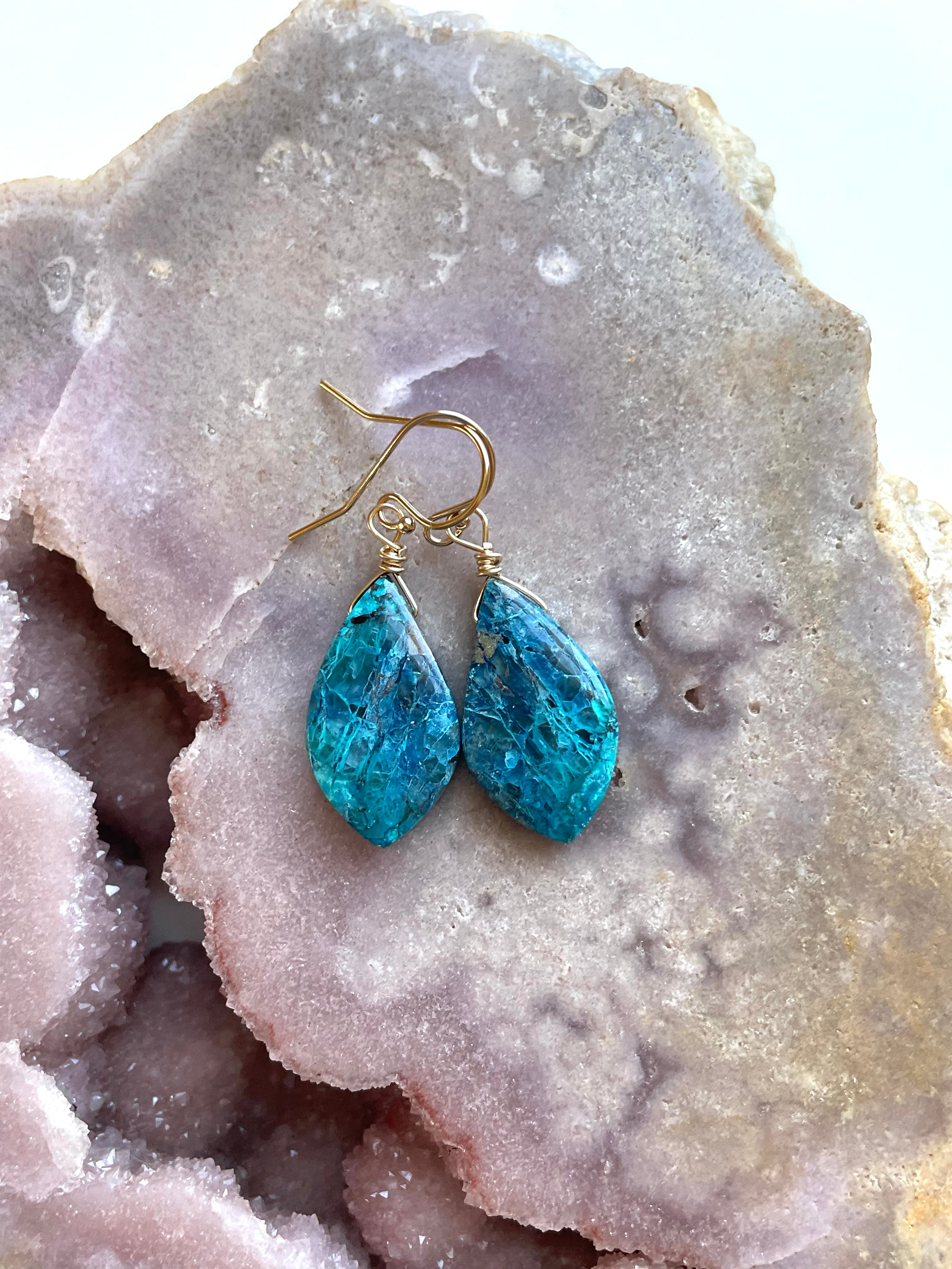 Shattuckite Earrings - 14K Gold Filled Gemstone Jewelry for Women | Healing Crystal Dangle Earrings for Meditation, Yoga & Spiritual Gifts