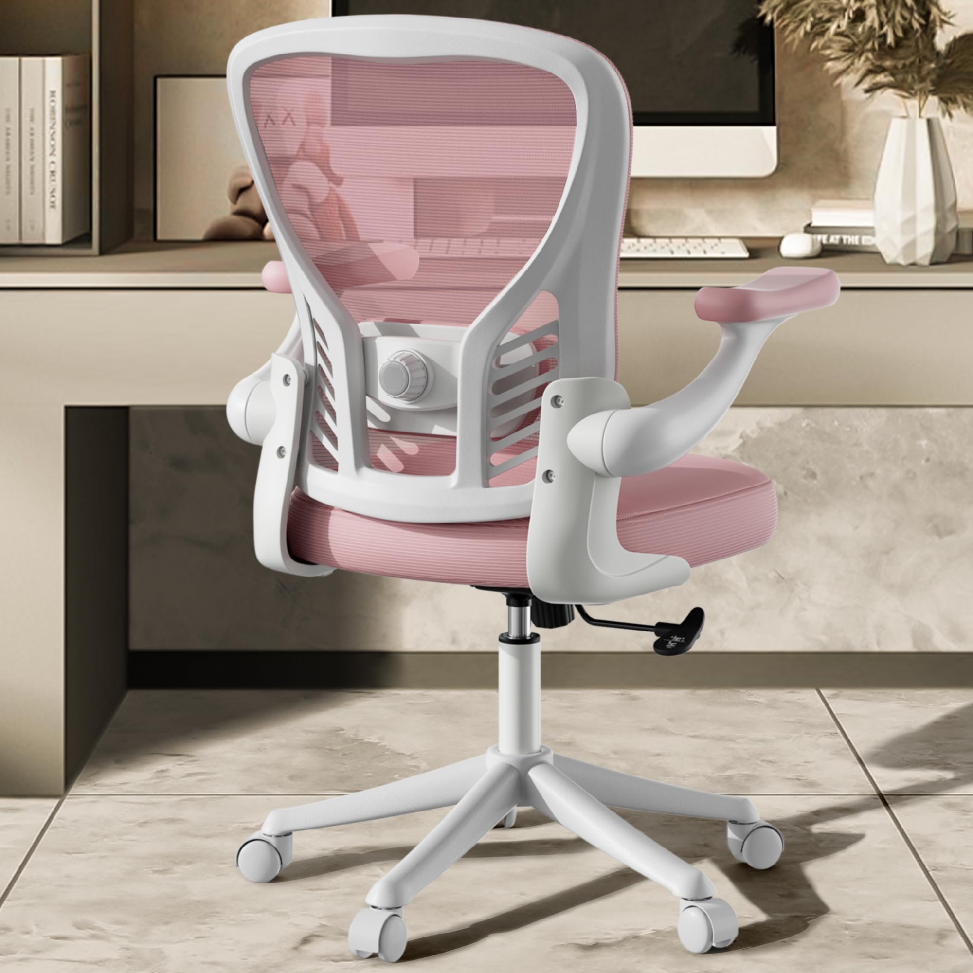 Ergonomic Mesh Office Chair with Wheels & Flip-Up Arms - Adjustable Lumbar Support, Swivel & Height Adjustable - Comfortable Pink Computer Desk Chair for Home Office, Gaming & Workspace