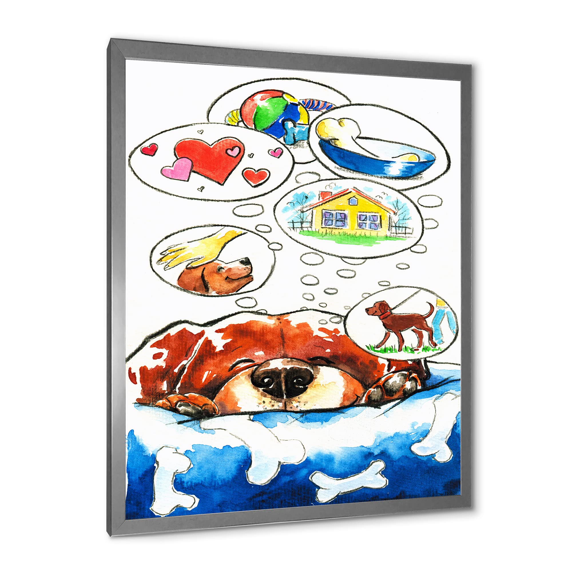 DesignQ Dog Dreams Framed Wall Art for Kids - Playroom & Nursery Decor, Children's Bedroom Wall Art, Animal Themed Painting for Toddler Room