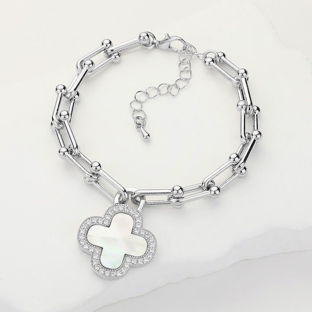 14K Gold Plated Cubic Zirconia Silver Paved Quatrefoil Charm Bracelet for Women - Elegant Jewelry Gift for Birthday, Anniversary & Special Occasions