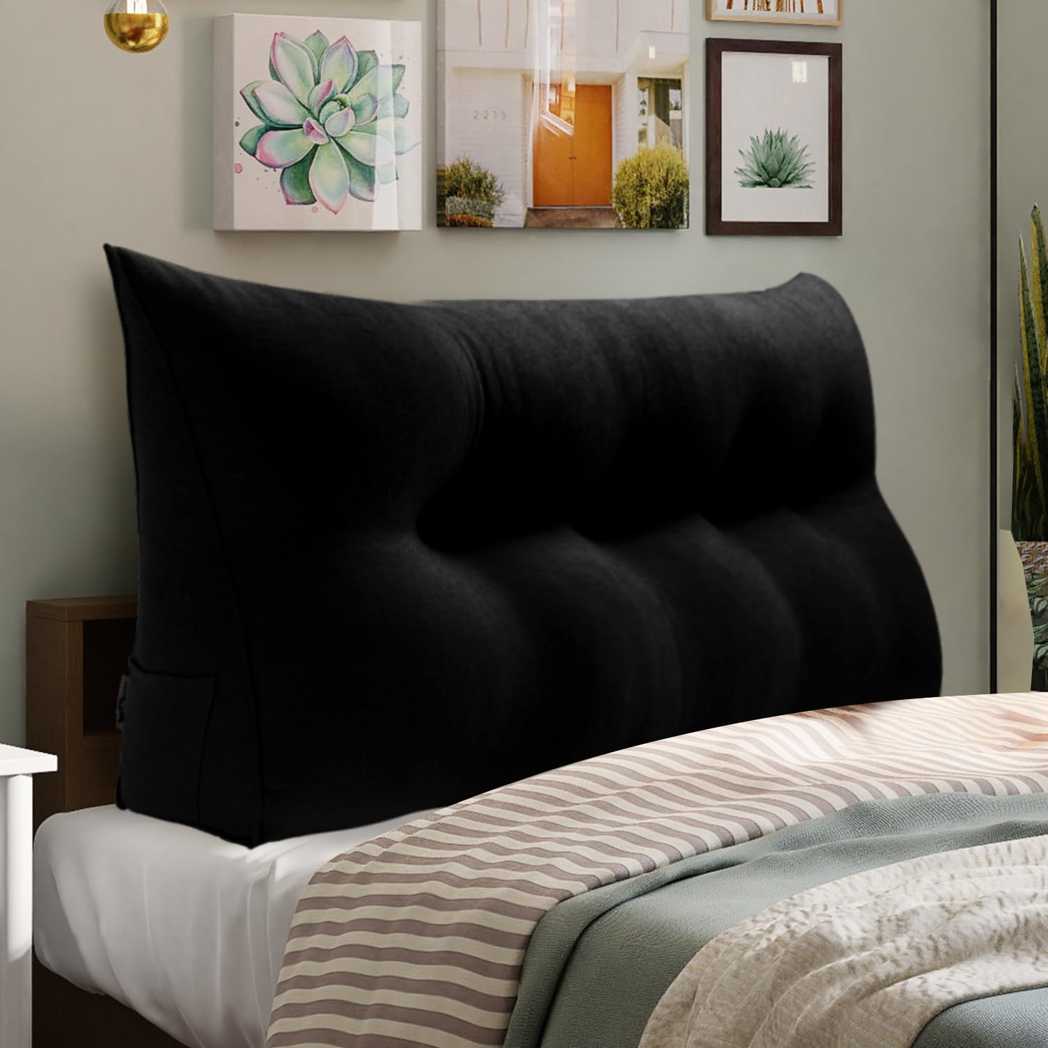 WOWMAX Triangular Headboard Pillow - Full Size Wedge Pillow for Daybeds & Beds with Removable Cover (85% Linen 15% Cotton Blend, Black) - Perfect for Reading, Lounging & Back Support in Bedrooms