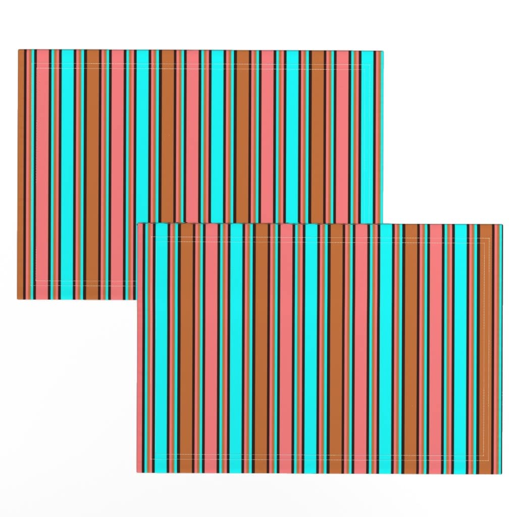 Premium Spoonflower Linen Cotton Canvas Placemats Set of 2 - Vintage Retro Stripes Design in Pink, Turquoise & Brown Dots | Washable Table Mats for Dining, Kitchen Decor & Party Settings