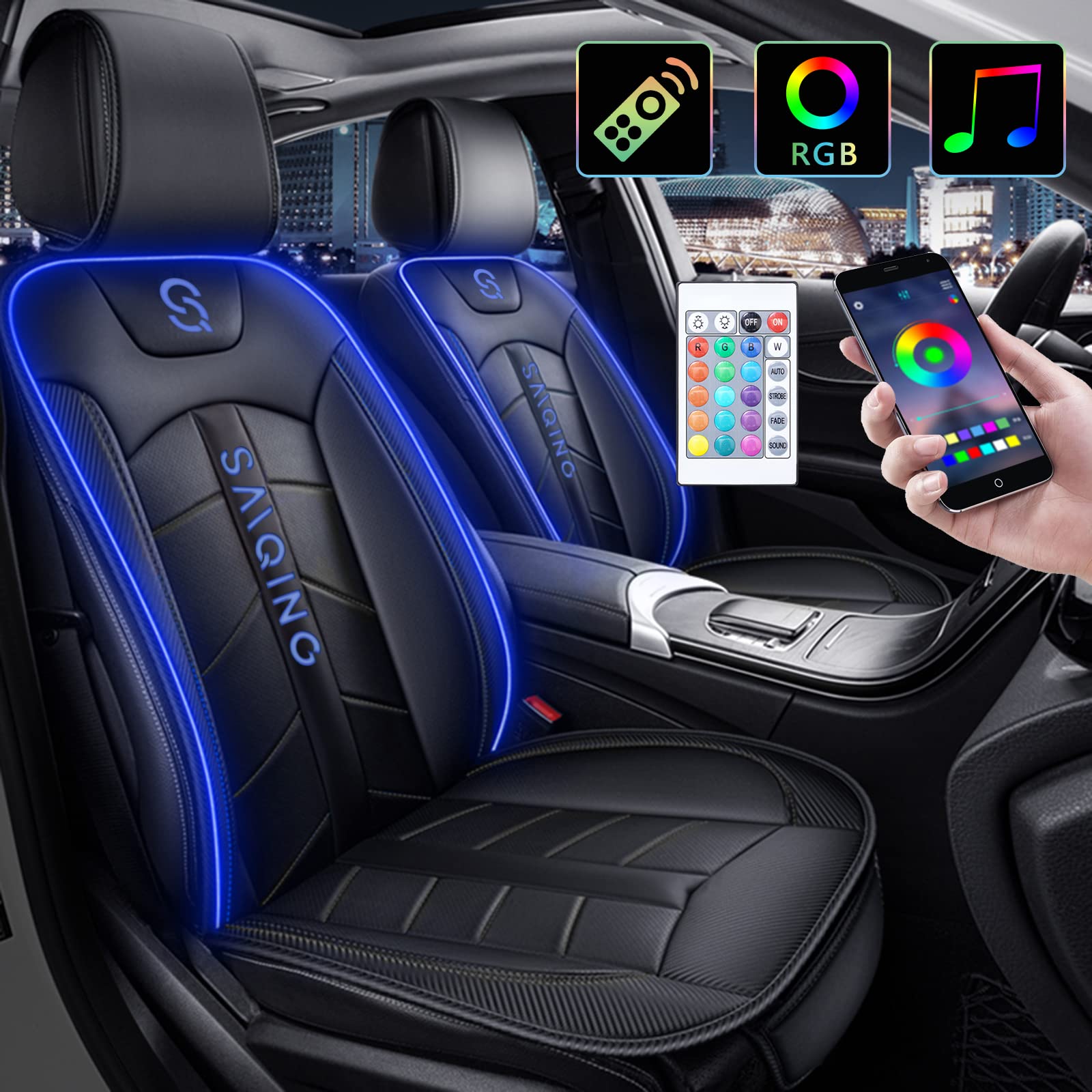 Universal LED Car Seat Covers - Luxury Leather Front Seat Cushions with RGB Sound-Activated Lighting & Remote Control (Blue) | Perfect for Night Driving, Car Shows & Custom Vehicle Interiors