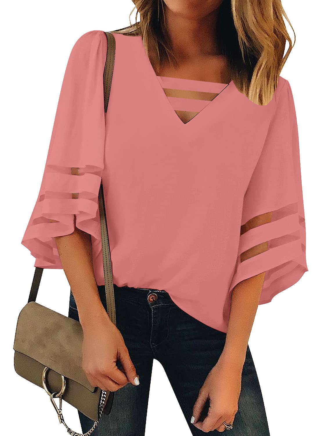 LookbookStore Women's Trendy 2024 V-Neck Mesh Panel Blouse with 3/4 Bell Sleeves - Casual & Dressy Tops for Work, Date Night & Spring Outfits