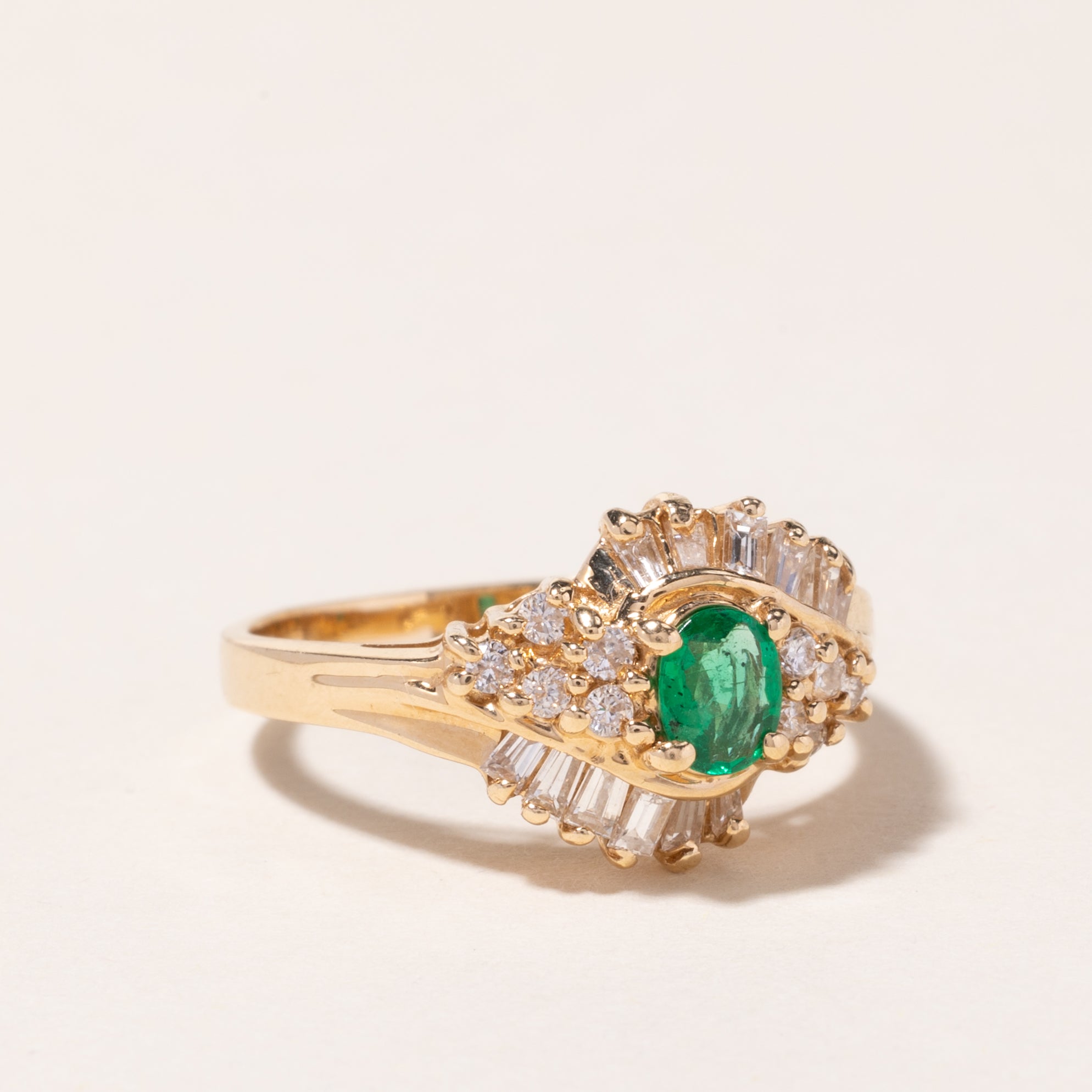 14K Yellow Gold Emerald and Diamond Cocktail Ring - 0.16ct Emerald & 0.54ctw Diamonds - Size 6.5 - Elegant Statement Jewelry for Parties, Weddings & Special Occasions