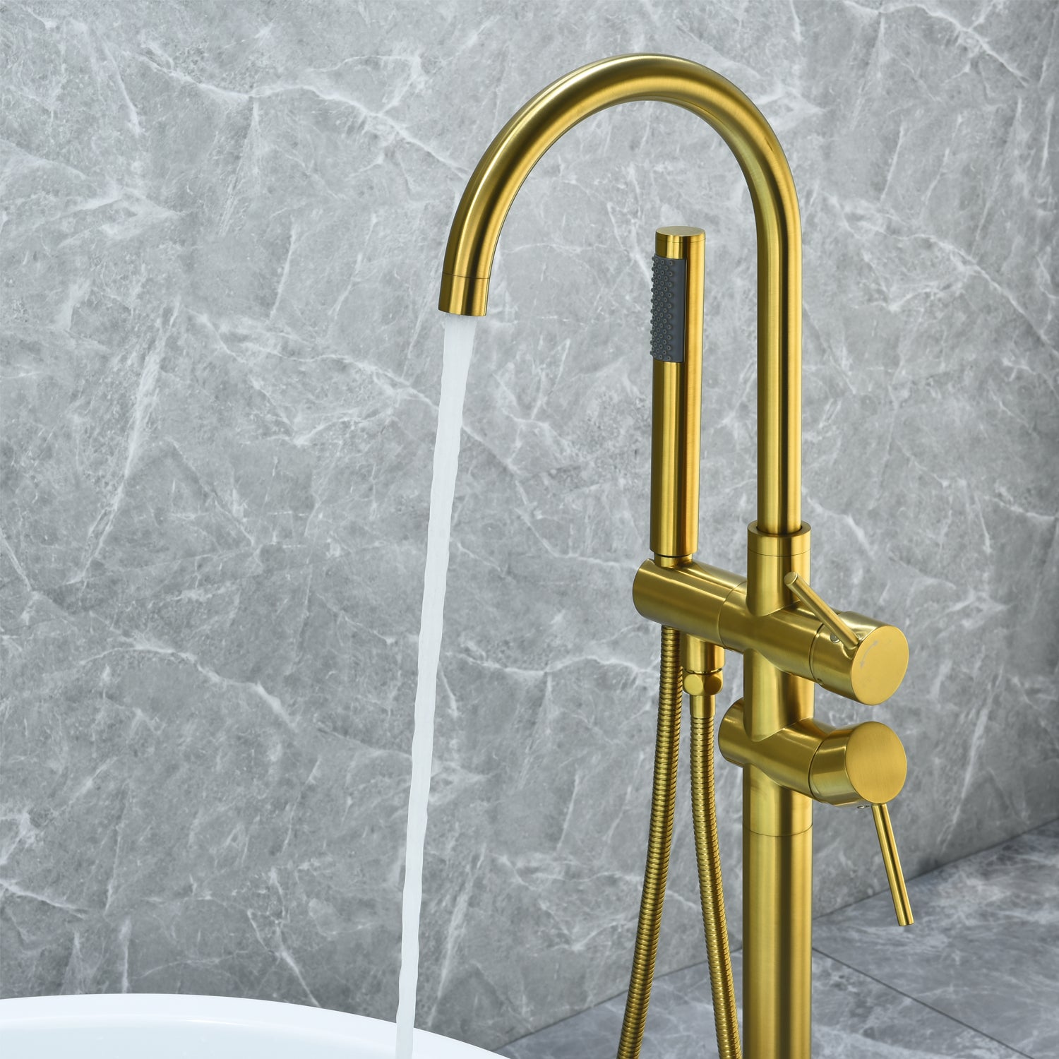 Freestanding Floor Mounted Tub Filler with Double Lever Handle & Hand Shower - Modern Bathtub Faucet for Luxury Bathroom & Spa Experience