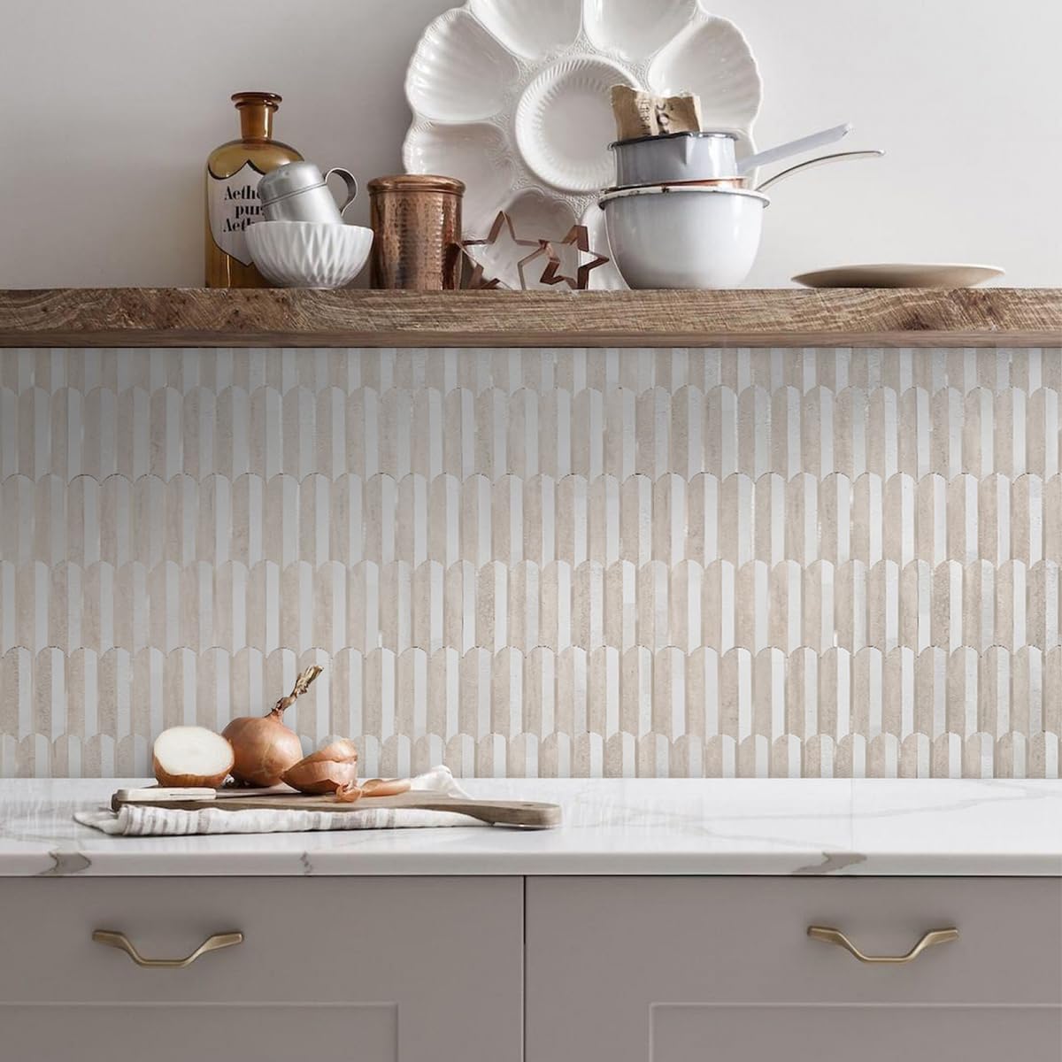 DICOFUN 10-Sheet Beige Stone Peel and Stick Backsplash for Kitchen - PVC Self-Adhesive Wall Tiles - Waterproof & Easy to Install - Perfect for Kitchen, Bathroom, Laundry Room & RV Decor